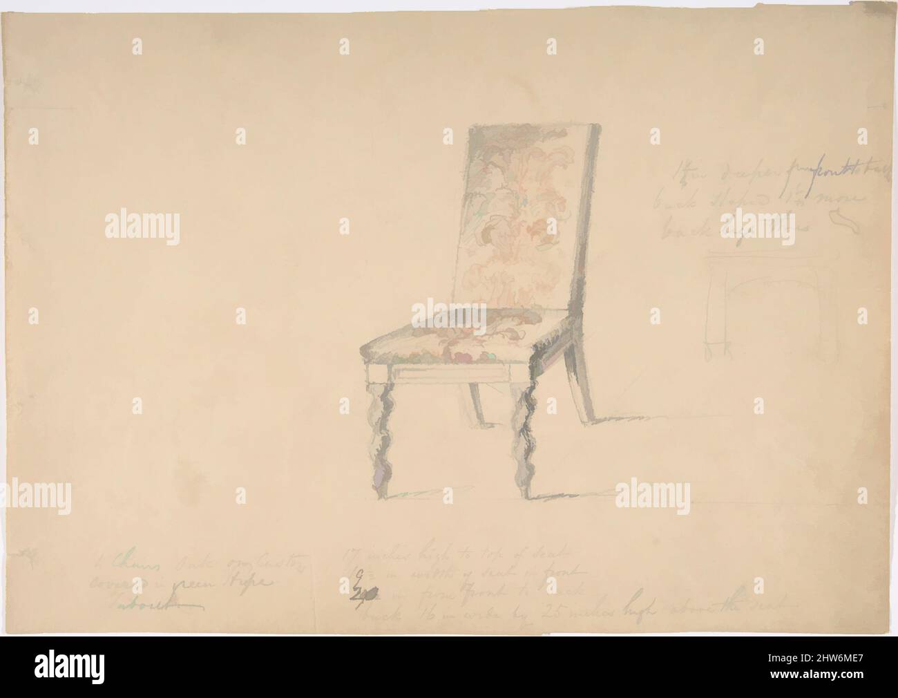 Art inspired by Design for a Chair with Turned Front Legs, early 19th century, Ink, watercolor and wash, sheet: 8 11/16 x 12 1/4 in. (22 x 31.1 cm), Anonymous, British, 19th century, Classic works modernized by Artotop with a splash of modernity. Shapes, color and value, eye-catching visual impact on art. Emotions through freedom of artworks in a contemporary way. A timeless message pursuing a wildly creative new direction. Artists turning to the digital medium and creating the Artotop NFT Stock Photo