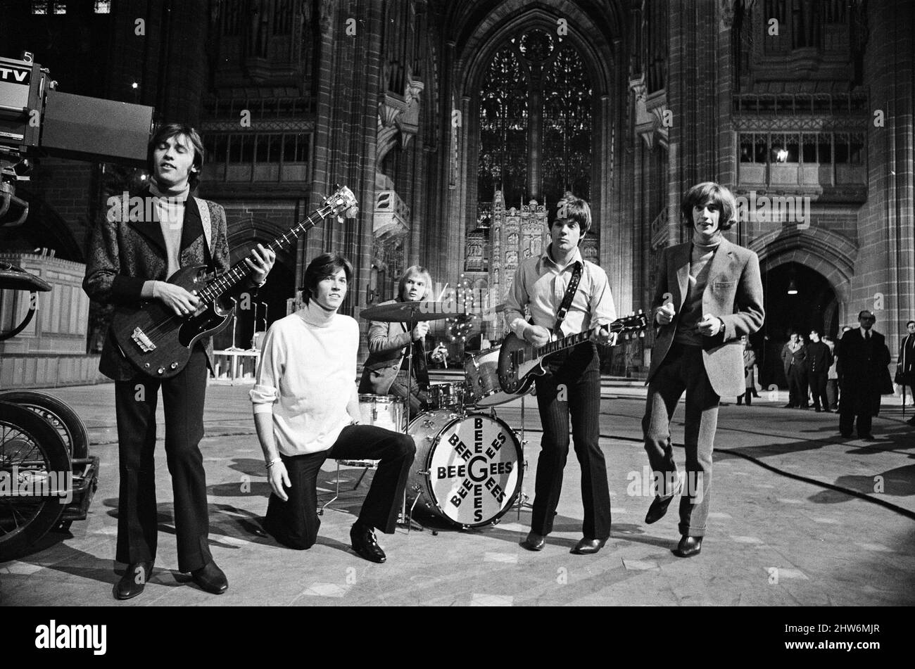 The Bee Gees perform at Liverpool Anglican Cathedral. The Bee Gees are brothers Maurice, Barry and Robin Gibb, Colin Peterson and Vince Malouney.  14th December 1967. Stock Photo
