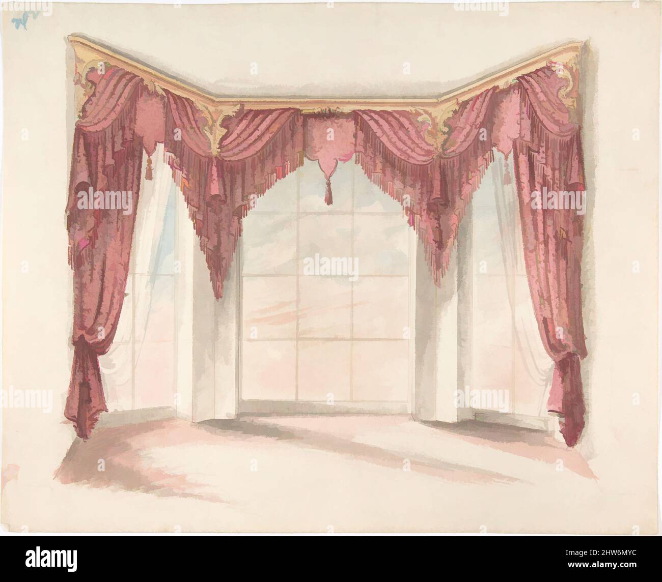 Art inspired by Design for Red Curtains with Red Fringes and a Gold Pediment, early 19th century, Ink, watercolor and wash, sheet: 9 1/2 x 11 13/16 in. (24.2 x 30 cm), Anonymous, British, 19th century, Classic works modernized by Artotop with a splash of modernity. Shapes, color and value, eye-catching visual impact on art. Emotions through freedom of artworks in a contemporary way. A timeless message pursuing a wildly creative new direction. Artists turning to the digital medium and creating the Artotop NFT Stock Photo