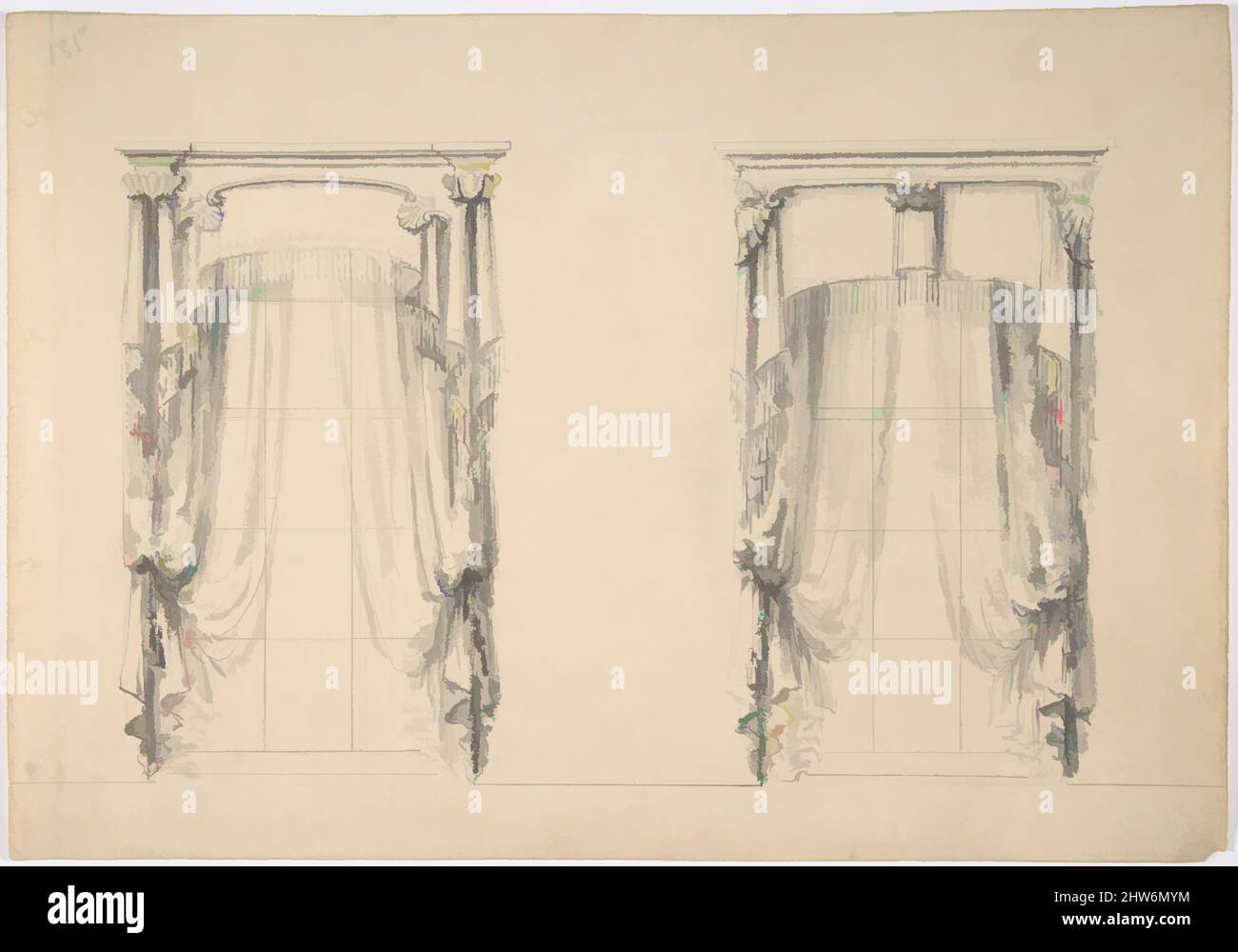 Art inspired by Design for Fringed Curtains Hanging at Two Windows, early 19th century, Ink and wash, sheet: 8 9/16 x 12 3/16 in. (21.7 x 31 cm), Anonymous, British, 19th century, Classic works modernized by Artotop with a splash of modernity. Shapes, color and value, eye-catching visual impact on art. Emotions through freedom of artworks in a contemporary way. A timeless message pursuing a wildly creative new direction. Artists turning to the digital medium and creating the Artotop NFT Stock Photo