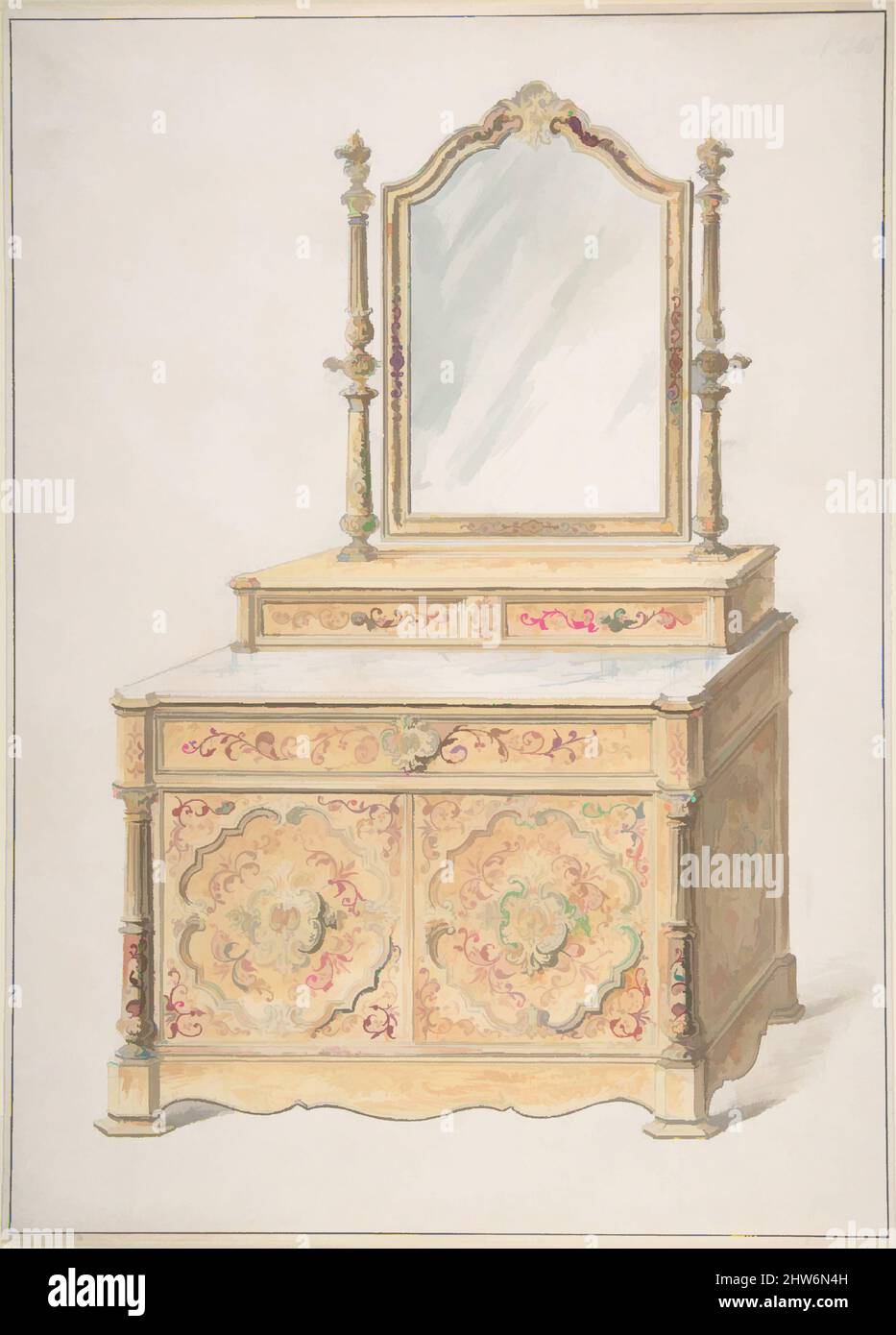 Art inspired by Design for a Marble-topped Cabinet and Mirror, 1840–99, Ink and watercolor and wash, sheet: 12 7/16 x 8 3/4 in. (31.6 x 22.2 cm), Anonymous, British, 19th century, Classic works modernized by Artotop with a splash of modernity. Shapes, color and value, eye-catching visual impact on art. Emotions through freedom of artworks in a contemporary way. A timeless message pursuing a wildly creative new direction. Artists turning to the digital medium and creating the Artotop NFT Stock Photo