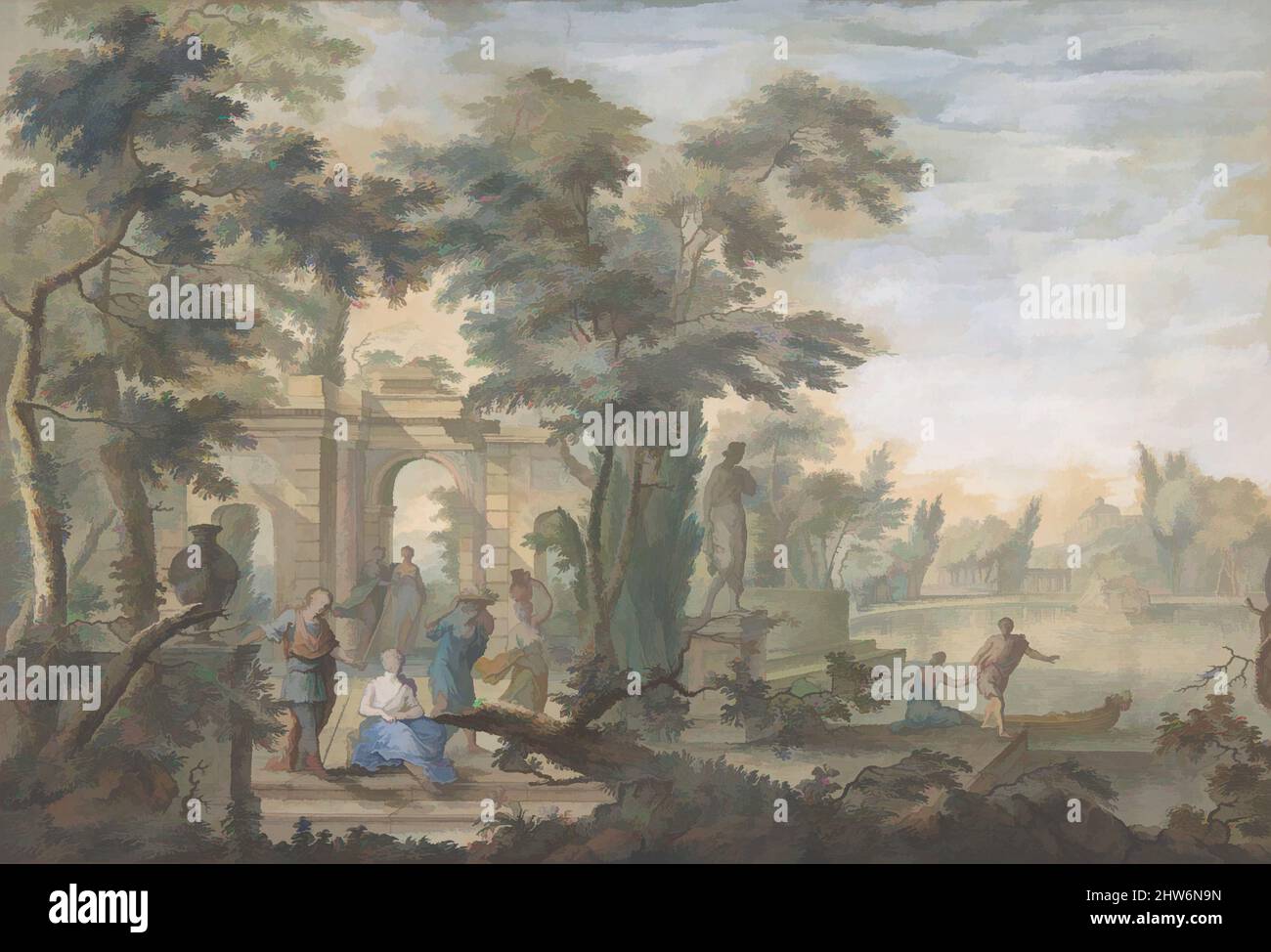Art inspired by Arcadian Landscape with several Figures and a Statue of Diana, 18th century, Watercolor and gouache, sheet: 8 15/16 x 13 13/16 in. (22.7 x 35.1 cm), Drawings, Gerard Melder (Dutch, Amsterdam 1693–1754 Utrecht, Classic works modernized by Artotop with a splash of modernity. Shapes, color and value, eye-catching visual impact on art. Emotions through freedom of artworks in a contemporary way. A timeless message pursuing a wildly creative new direction. Artists turning to the digital medium and creating the Artotop NFT Stock Photo