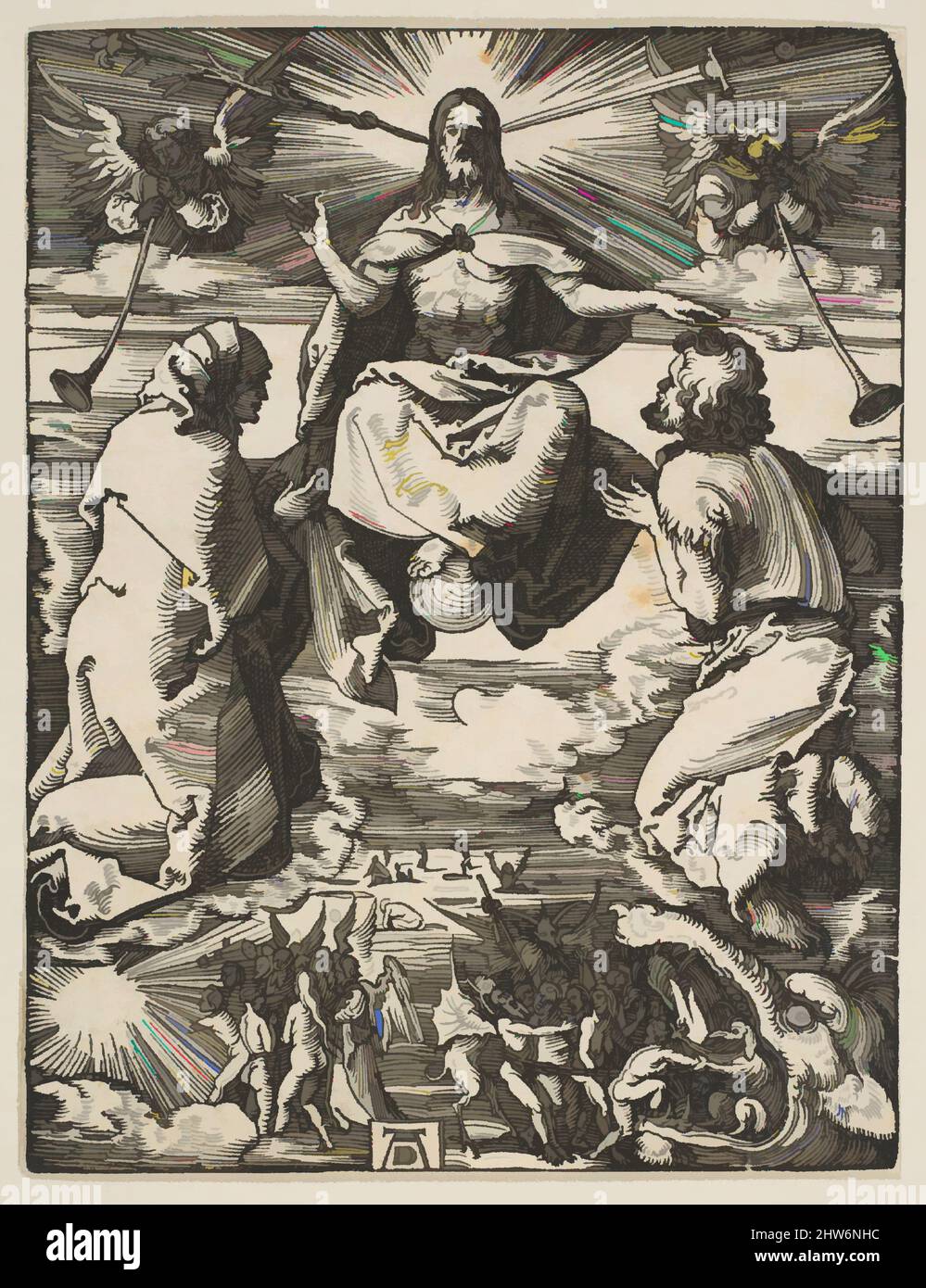 Art inspired by The Last Judgment, from The Small Passion, ca. 1510, Woodcut, sheet: 5 x 3 13/16 in. (12.7 x 9.7 cm), Prints, Albrecht Dürer (German, Nuremberg 1471–1528 Nuremberg, Classic works modernized by Artotop with a splash of modernity. Shapes, color and value, eye-catching visual impact on art. Emotions through freedom of artworks in a contemporary way. A timeless message pursuing a wildly creative new direction. Artists turning to the digital medium and creating the Artotop NFT Stock Photo