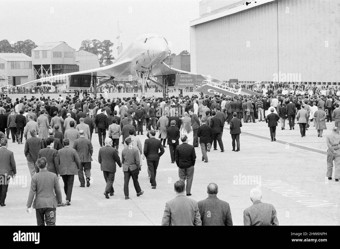 Concorde prototype 002 makes its first official public appearance in the UK as it is towed from its hanger at Filton in Bristol, Thursday 12th September 1968. Stock Photo