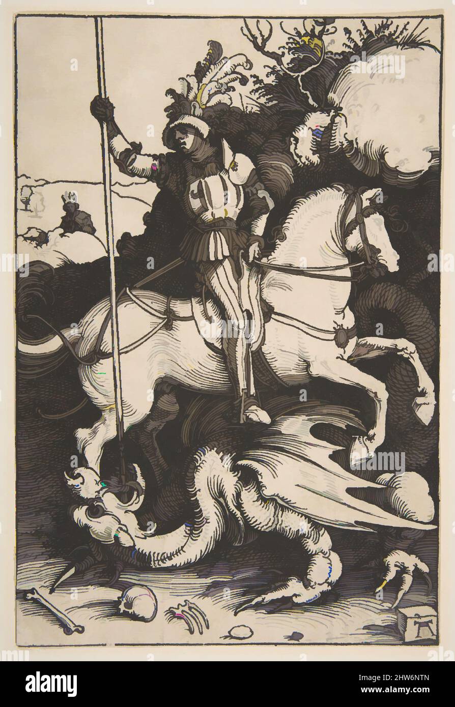 Art inspired by Saint George and the Dragon, ca. 1504, Woodcut, sheet: 8 1/4 x 5 9/16 in. (21 x 14.1 cm), Prints, Albrecht Dürer (German, Nuremberg 1471–1528 Nuremberg, Classic works modernized by Artotop with a splash of modernity. Shapes, color and value, eye-catching visual impact on art. Emotions through freedom of artworks in a contemporary way. A timeless message pursuing a wildly creative new direction. Artists turning to the digital medium and creating the Artotop NFT Stock Photo