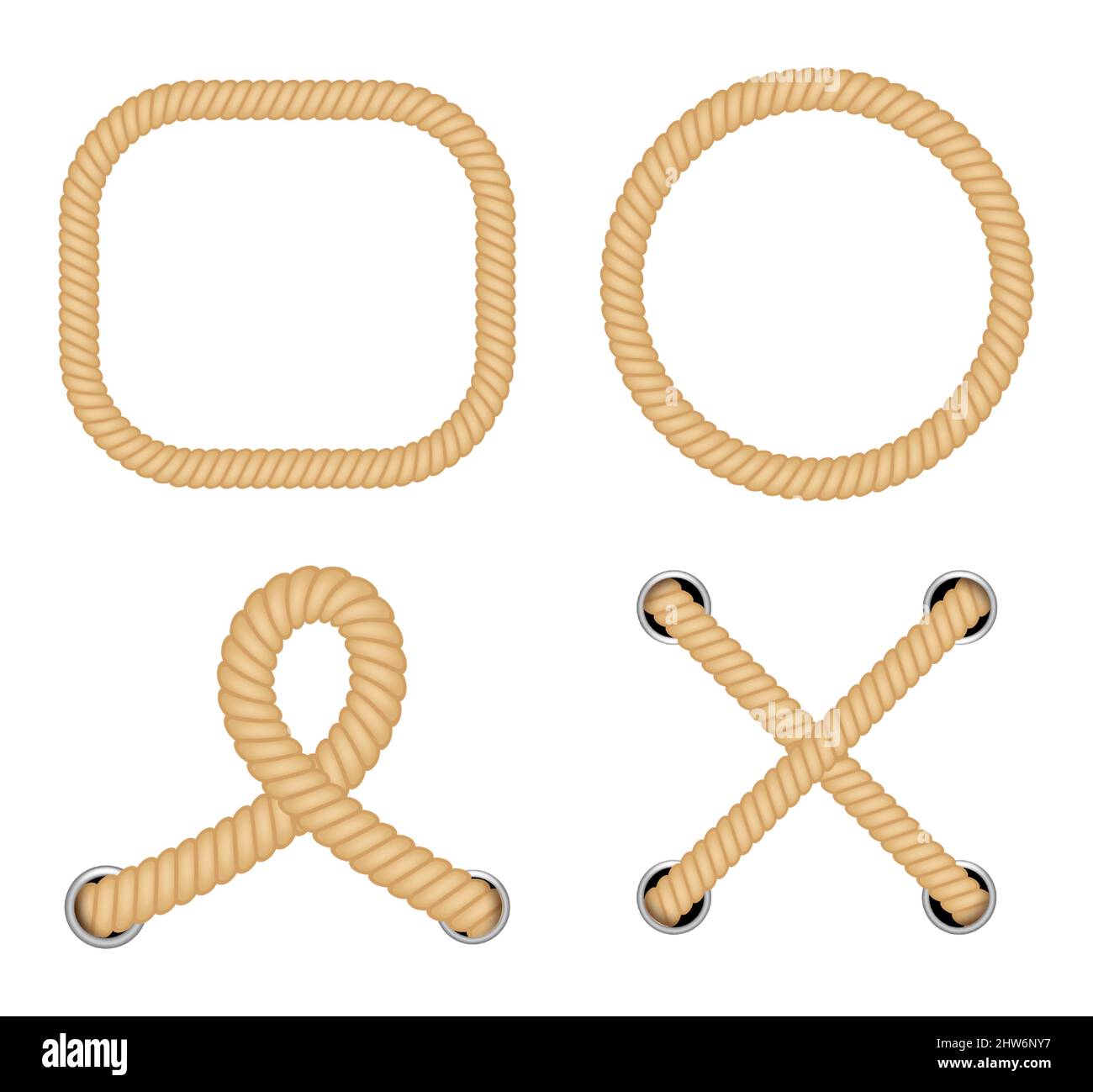 Nautical loops. Vector knots for rope. Realistic knot round and square