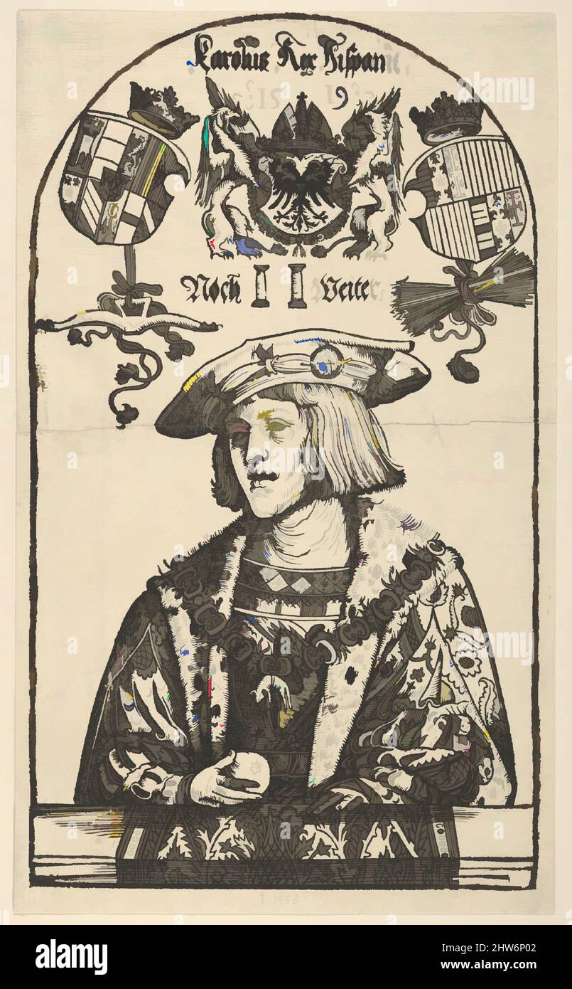 Art inspired by Copy of Portrait of Charles V, n.d., Woodcut, Sheet: 12 1/16 x 7 in. (30.6 x 17.8 cm), Prints, After Hans Weiditz the Younger (German, Freiburg im Breisgau before 1500–ca. 1536 Strasbourg, Classic works modernized by Artotop with a splash of modernity. Shapes, color and value, eye-catching visual impact on art. Emotions through freedom of artworks in a contemporary way. A timeless message pursuing a wildly creative new direction. Artists turning to the digital medium and creating the Artotop NFT Stock Photo