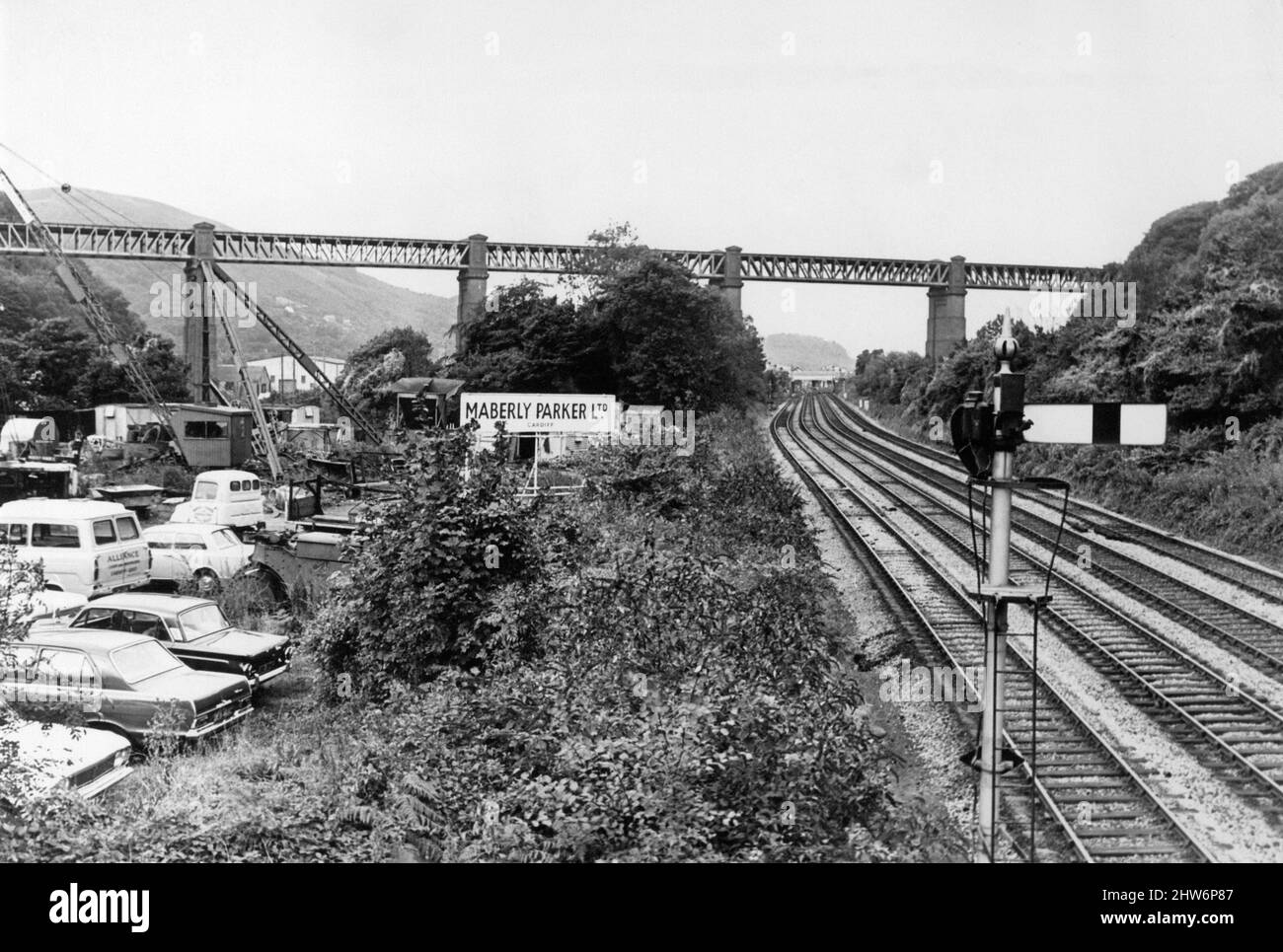 Walnut Tree Viaduct, a railway viaduct located above the southern edge of the village of Taffs Well, Cardiff, South Wales, Friday 20th September 1968. Made of Brick columns and Steel lattice girders spans.  Maberly Parker Limited. Stock Photo