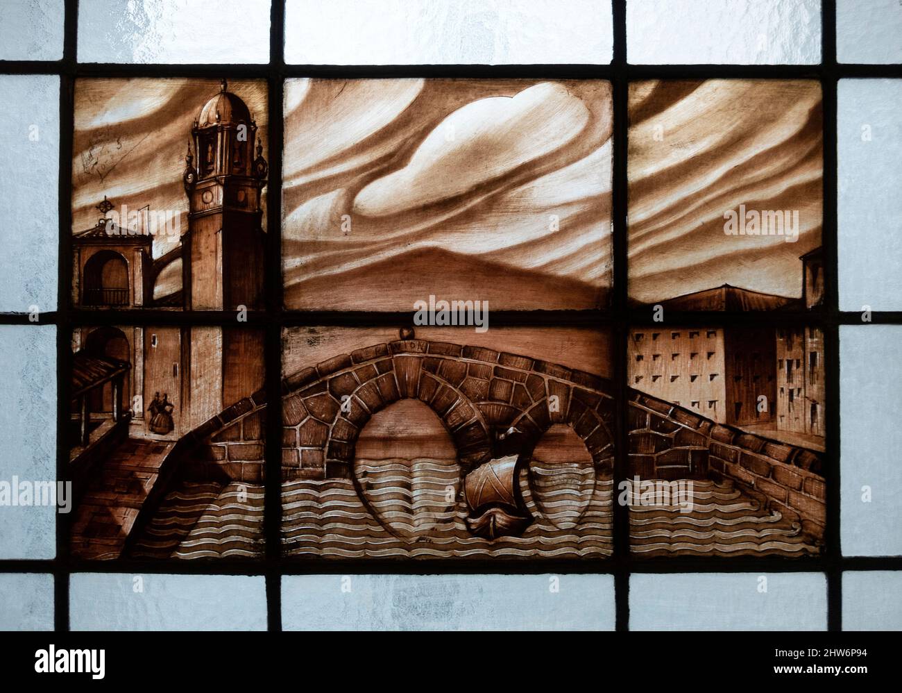 Old stained glass window pictures of the industrial docks that were once in Bilbao in the Basque Country, Spain Stock Photo