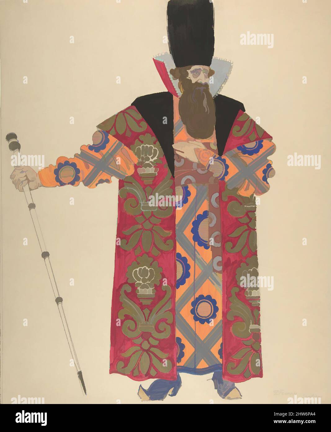 Art inspired by Costume Study for Robed, Bearded Boyar with Staff; verso: Sketch for the same figure, 1929, Watercolor, gouache, gold paint, over graphite; verso: graphite., sheet: 15 11/16 x 12 15/16 in. (39.9 x 32.9 cm), Drawings, Pavel Petrovic Froman (Russian, Moscow 1894–1940, Classic works modernized by Artotop with a splash of modernity. Shapes, color and value, eye-catching visual impact on art. Emotions through freedom of artworks in a contemporary way. A timeless message pursuing a wildly creative new direction. Artists turning to the digital medium and creating the Artotop NFT Stock Photo