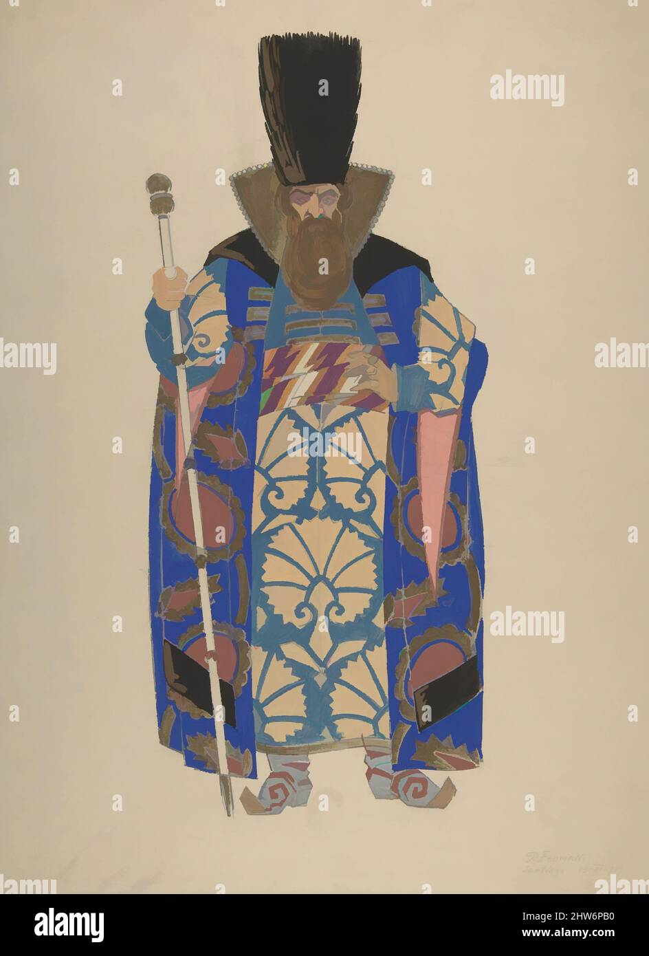 Art inspired by Costume Study for a Robed, Bearded Boyar with Staff, early 20th century, Watercolor, gouache, gold paint, over graphite., sheet: 16 5/8 x 12 3/16 in. (42.3 x 31 cm), Drawings, Pavel Petrovic Froman (Russian, Moscow 1894–1940 Zagreb, Classic works modernized by Artotop with a splash of modernity. Shapes, color and value, eye-catching visual impact on art. Emotions through freedom of artworks in a contemporary way. A timeless message pursuing a wildly creative new direction. Artists turning to the digital medium and creating the Artotop NFT Stock Photo