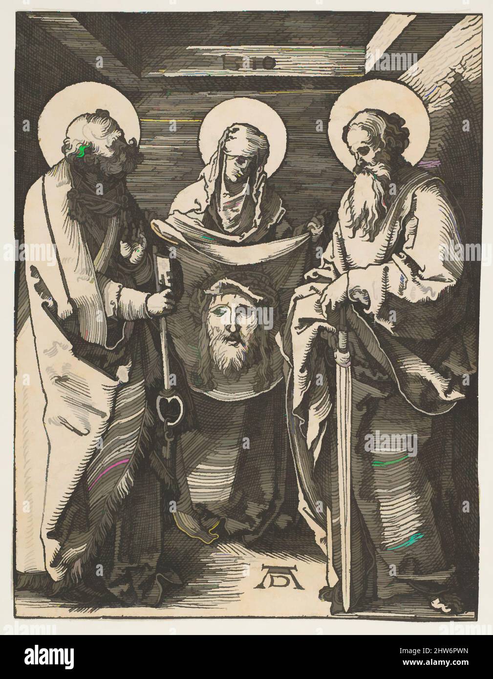 Art inspired by Saint Veronica between Saints Peter and Paul, from The Small Passion, 1510, Woodcut, sheet: 5 1/16 x 3 13/16 in. (12.8 x 9.7 cm), Prints, Albrecht Dürer (German, Nuremberg 1471–1528 Nuremberg, Classic works modernized by Artotop with a splash of modernity. Shapes, color and value, eye-catching visual impact on art. Emotions through freedom of artworks in a contemporary way. A timeless message pursuing a wildly creative new direction. Artists turning to the digital medium and creating the Artotop NFT Stock Photo