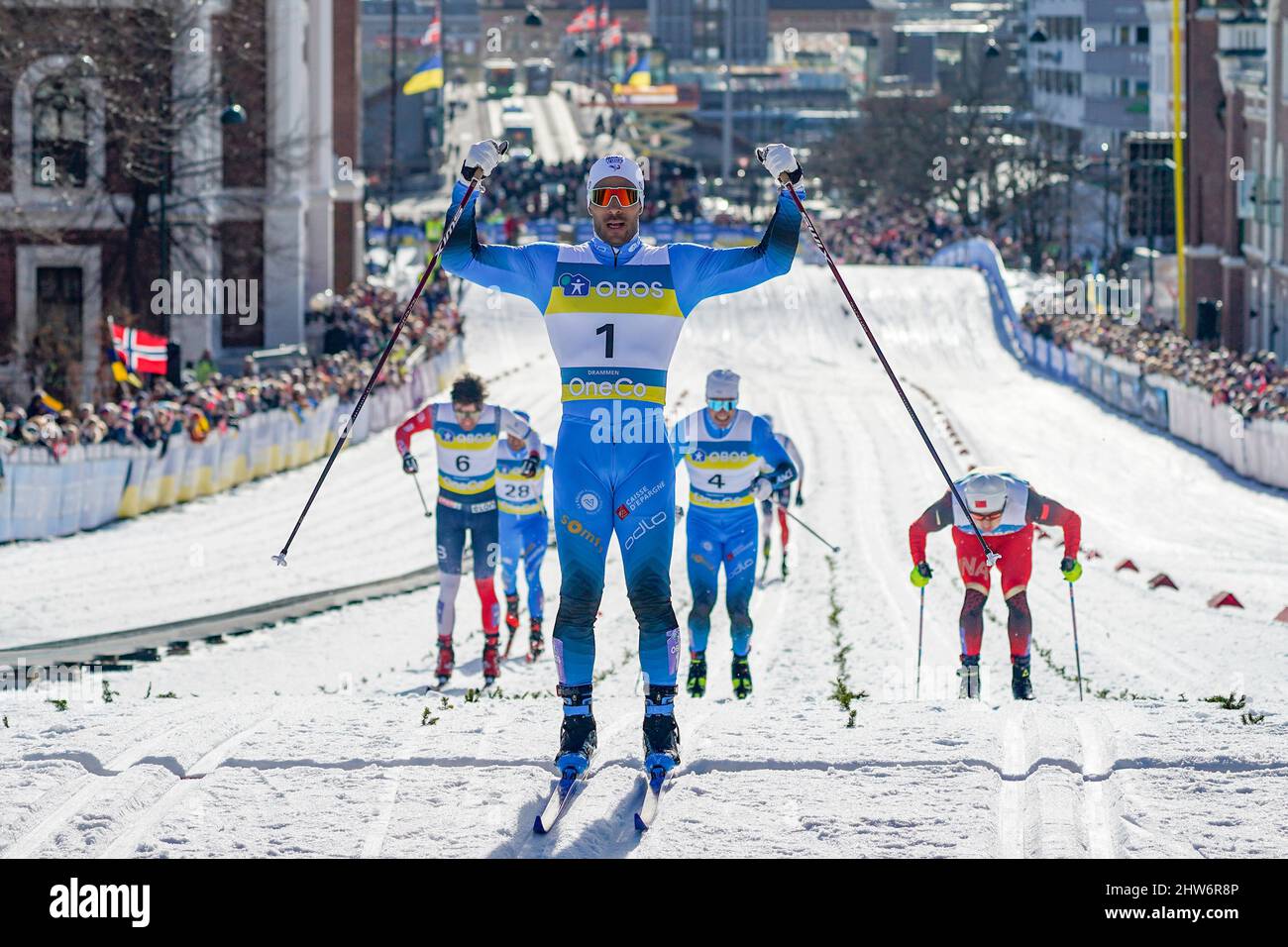 Drammen, Norway. 03rd Mar, 2022. Drammen 20220303.Richard Jouve from France  cheers on victory in the final in cross-country skiing, sprint in the World  Cup in Drammen Photo: Lise Åserud/NTB Credit: NTB Scanpix/Alamy