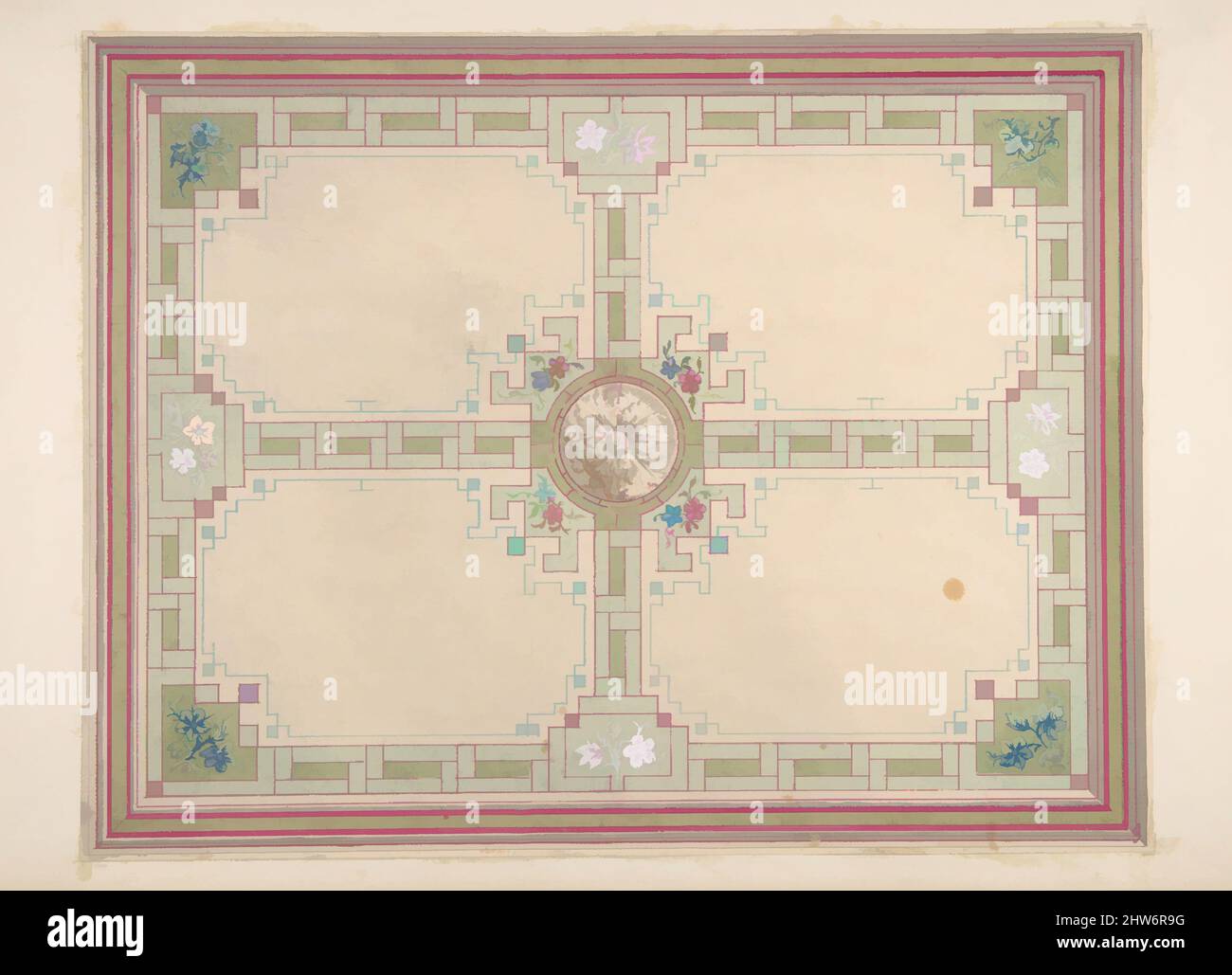 Art inspired by Design for a ceiling with floral accents and Greek key border, second half 19th century, Graphite, gouache, adn watercolor, Overall: 10 11/16 x 14 7/8 in. (27.1 x 37.8 cm), Drawings, Jules-Edmond-Charles Lachaise (French, died 1897), Eugène-Pierre Gourdet (French, born, Classic works modernized by Artotop with a splash of modernity. Shapes, color and value, eye-catching visual impact on art. Emotions through freedom of artworks in a contemporary way. A timeless message pursuing a wildly creative new direction. Artists turning to the digital medium and creating the Artotop NFT Stock Photo