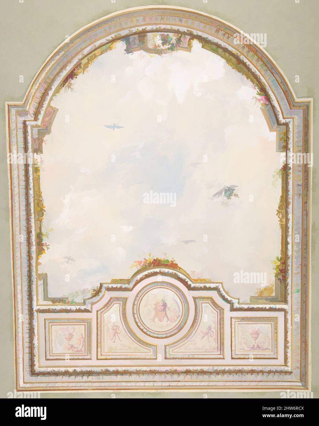 Art inspired by Deign for a ceiling a a trompe l'oeil sky, second half 19th century, Graphite, pen and black ink, gouache, and watercolor, Overall: 19 3/4 x 13 1/2 in. (50.1 x 34.3 cm), Drawings, Jules-Edmond-Charles Lachaise (French, died 1897), Eugène-Pierre Gourdet (French, born, Classic works modernized by Artotop with a splash of modernity. Shapes, color and value, eye-catching visual impact on art. Emotions through freedom of artworks in a contemporary way. A timeless message pursuing a wildly creative new direction. Artists turning to the digital medium and creating the Artotop NFT Stock Photo