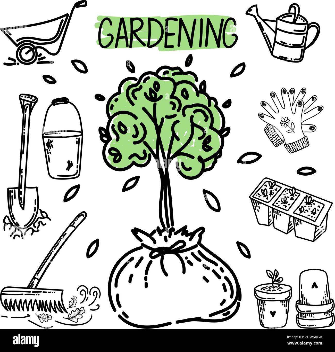 A set of gardening, hand-drawn doodle-style elements. Planting young trees. Work in the garden. Tools for the garden. Simple linear vector style for l Stock Vector