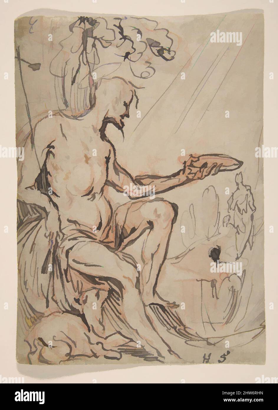 Art inspired by Saint John the Baptist in a Landscape, 1600–1625, Pen and brown ink, over a sketch in red chalk., sheet: 7 5/16 x 5 3/16 in. (18.5 x 13.2 cm), Drawings, Hans Stutte (German, active Lübeck, died before 1625, Classic works modernized by Artotop with a splash of modernity. Shapes, color and value, eye-catching visual impact on art. Emotions through freedom of artworks in a contemporary way. A timeless message pursuing a wildly creative new direction. Artists turning to the digital medium and creating the Artotop NFT Stock Photo