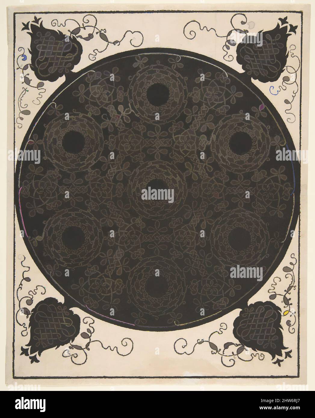 Art inspired by “The Sixth Knot”. Interlaced Roundel with Seven Wreaths, 1521 before, Woodcut, sheet: 10 15/16 x 8 11/16 in. (27.8 x 22.1 cm), Albrecht Dürer (German, Nuremberg 1471–1528 Nuremberg), After Leonardo da Vinci (Italian, Vinci 1452–1519 Amboise) (or workshop), Embroidery, Classic works modernized by Artotop with a splash of modernity. Shapes, color and value, eye-catching visual impact on art. Emotions through freedom of artworks in a contemporary way. A timeless message pursuing a wildly creative new direction. Artists turning to the digital medium and creating the Artotop NFT Stock Photo