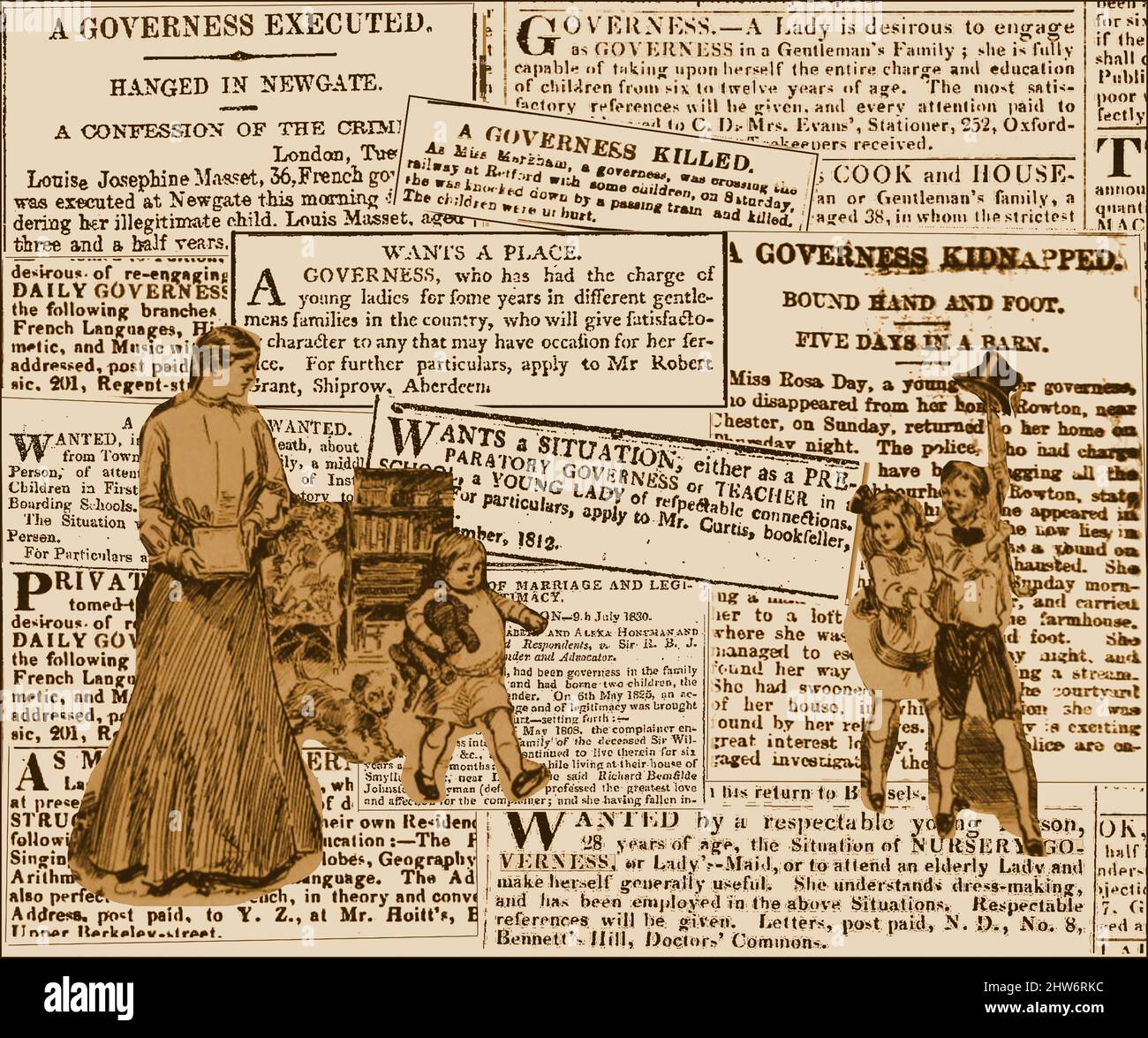 GOVERNESS -A collection of British press cuttings showing their varied lifestyles. The terms governess and  nanny were interchangeable, though much depended on what degree she was educated. Though sometimes considered part of the family, others were confined to  their own room & suffered loneliness due to the rules of their employment. In larger households where they were largely resented and rejected by other servants. They were in essence a servant, though some sought to elevate their own positions due to their own social class and background which was often way above that of other servants. Stock Photo