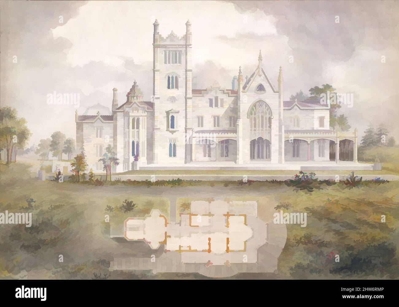 Art inspired by Lyndhurst for George Merritt, Tarrytown, New York (west rear elevation and plan), 1865, Watercolor, ink, and graphite on paper, Sheet: 18 7/8 x 26 5/8 in. (47.9 x 67.6 cm), Alexander Jackson Davis (American, New York 1803–1892 West Orange, New Jersey), In 1864, Davis, Classic works modernized by Artotop with a splash of modernity. Shapes, color and value, eye-catching visual impact on art. Emotions through freedom of artworks in a contemporary way. A timeless message pursuing a wildly creative new direction. Artists turning to the digital medium and creating the Artotop NFT Stock Photo