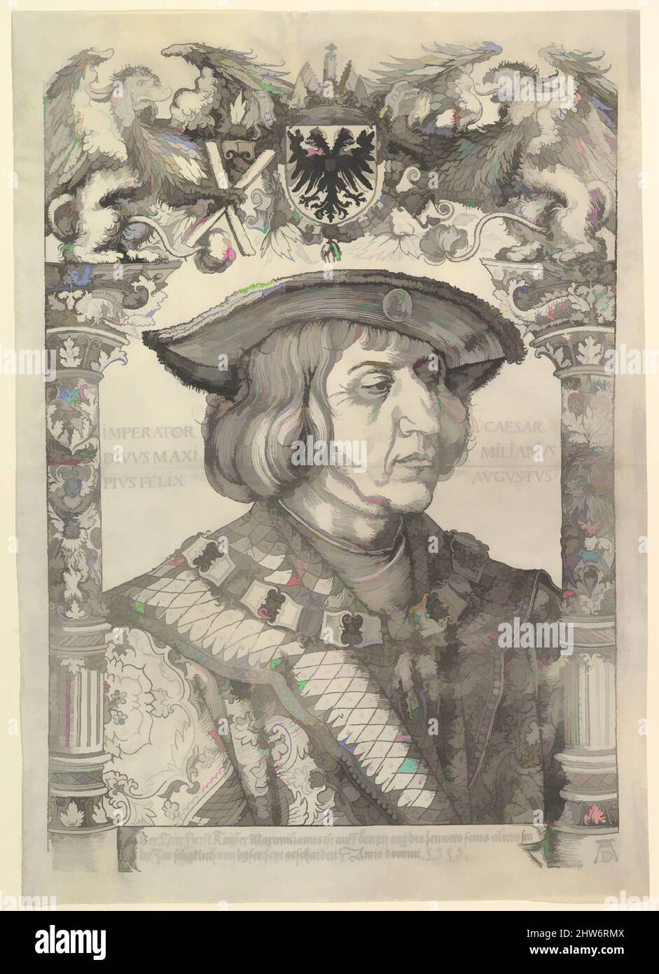 Art inspired by Portrait of the Emperor Maximilian I in an Architectural Frame (copy), n.d., Woodcut, sheet: 22 7/8 x 16 1/16 in. (58.1 x 40.8 cm), Prints, Hans Weiditz the Younger (German, Freiburg im Breisgau before 1500–ca. 1536 Strasbourg), After Albrecht Dürer (German, Nuremberg, Classic works modernized by Artotop with a splash of modernity. Shapes, color and value, eye-catching visual impact on art. Emotions through freedom of artworks in a contemporary way. A timeless message pursuing a wildly creative new direction. Artists turning to the digital medium and creating the Artotop NFT Stock Photo