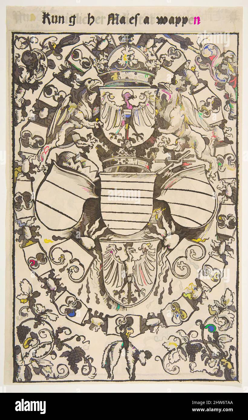 Art inspired by Coat of Arms of Maximilian I as King of the Romans from Reuelationes sancte Birgitte, 1500, Woodcut; a double-sided sheet, the recto in the first state of two, from the German edition of 1502, sheet: 9 15/16 x 6 1/4 in. (25.2 x 15.8 cm), Prints, Dürer-School (German, Classic works modernized by Artotop with a splash of modernity. Shapes, color and value, eye-catching visual impact on art. Emotions through freedom of artworks in a contemporary way. A timeless message pursuing a wildly creative new direction. Artists turning to the digital medium and creating the Artotop NFT Stock Photo