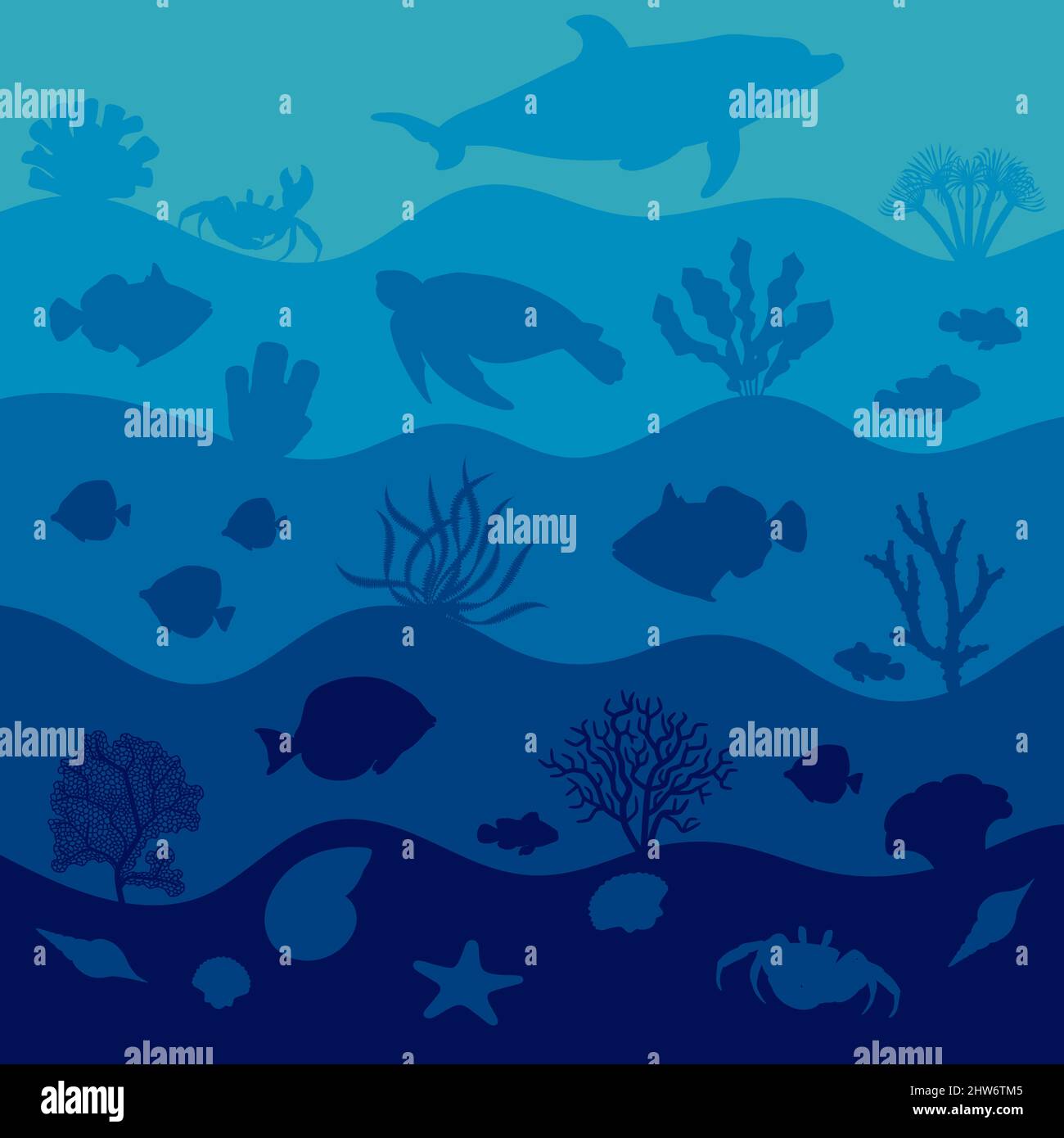 Underwater illustration with animals, fish and corals. Marine vector background. Stock Vector
