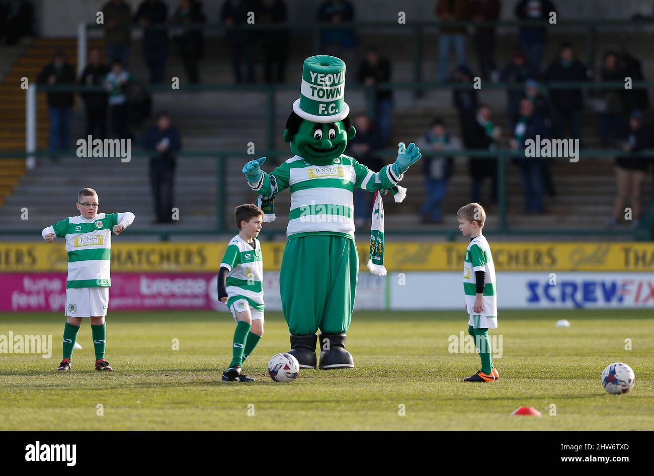 Yeovil Town fc Mascot The Jolly Green Giant is seen during the Sky Bet League 2 match between Yeovil Town and Crawley Town at Huish Park in Yeovil. January 23, 2016. James Boardman / Telephoto Images +44 7967 642437 Stock Photo