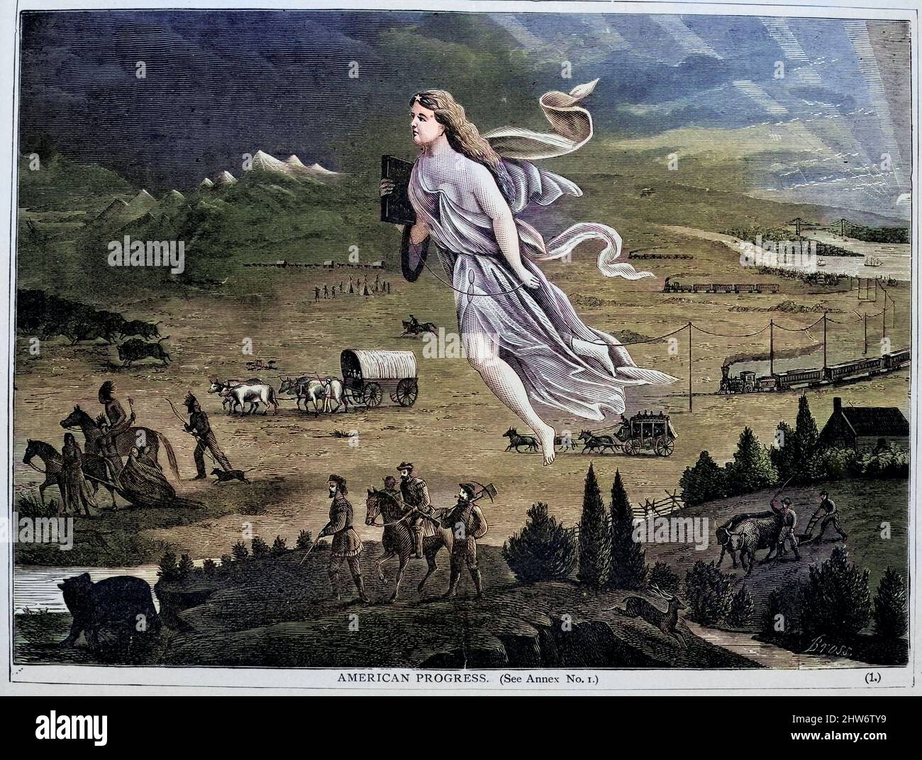 Machine colorized American Progress - an allegorical female figure of America leading pioneers westward, as they travel on foot, in a stagecoach, conestoga wagon, and by railroads, where they encounter Native Americans and herds of bison from the book Crofutt's new overland tourist and Pacific coast guide : containing a condensed and authentic description of over one thousand two hundred cities, towns, villages, stations, government fort and camps, mountains, lakes, rivers, sulphur, soda and hot springs, scenery, watering places, and summer resorts : where to look for and hunt the buffalo, ant Stock Photo
