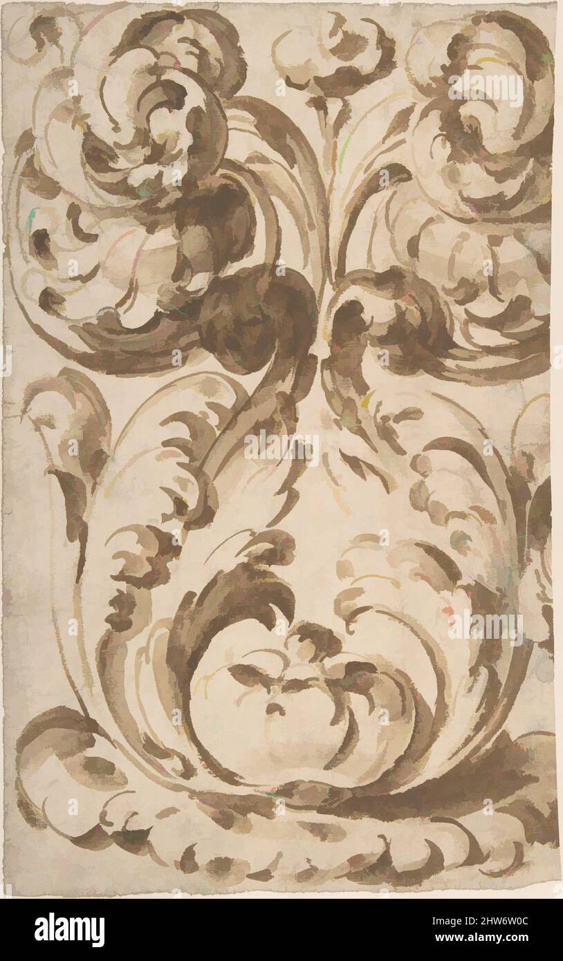 Art inspired by Symmetrical Design of Upward Growing Acanthus Scrolls, 17th century, Brush and brown wash, over graphite underdrawing, image: 12 1/2 x 7 11/16 in. (31.8 x 19.6 cm), Anonymous, Italian, 17th century, Classic works modernized by Artotop with a splash of modernity. Shapes, color and value, eye-catching visual impact on art. Emotions through freedom of artworks in a contemporary way. A timeless message pursuing a wildly creative new direction. Artists turning to the digital medium and creating the Artotop NFT Stock Photo