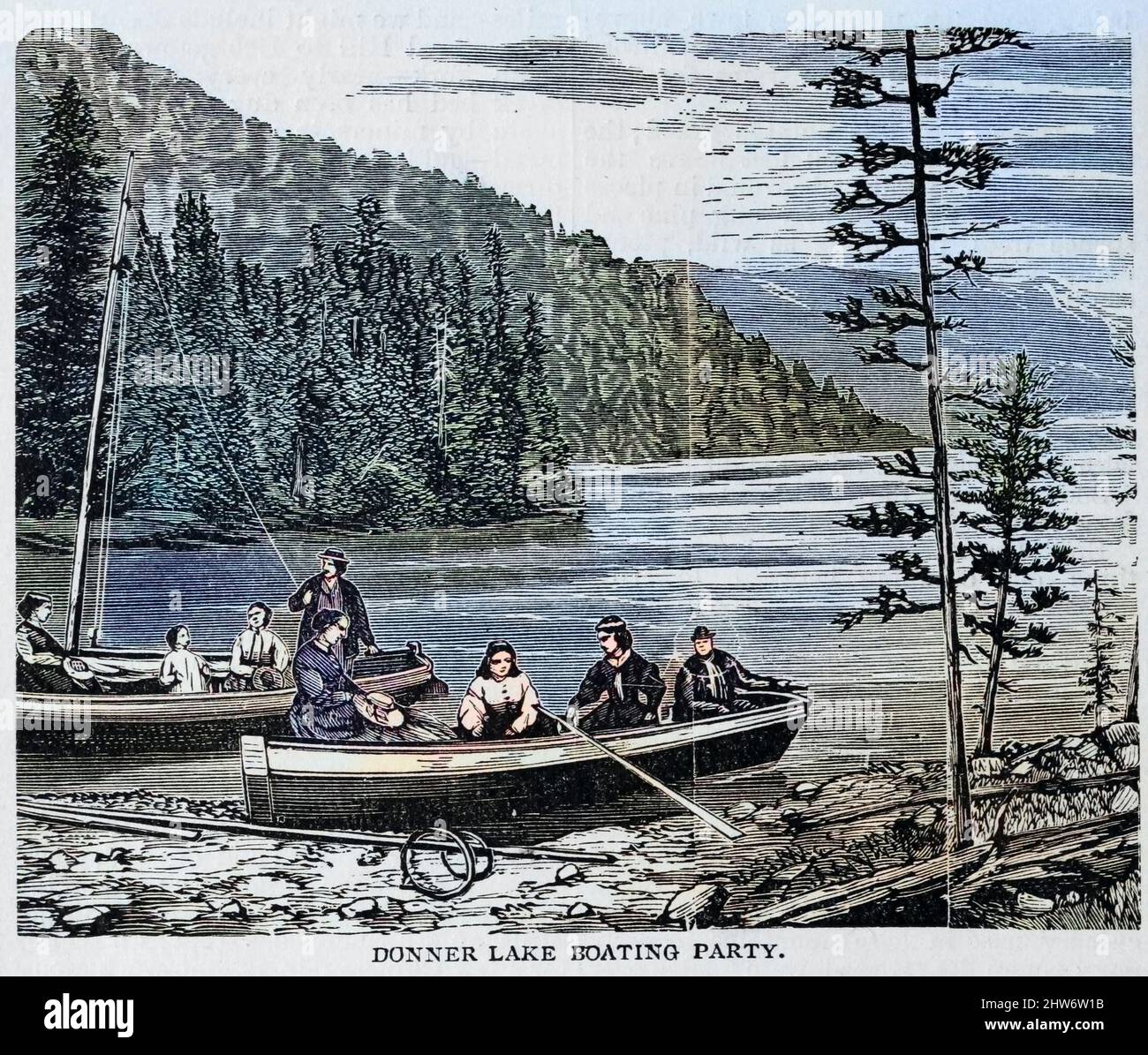 Machine colorised DONNER LAKE BOATING PARTY from the book Crofutt's new overland tourist and Pacific coast guide : through Nebraska, Wyoming, Colorado, Utah, Montana, Idaho, Nevada, California and Arizona by George A Crofutt, Published in Chicago, Ill., by The Overland Pub. Co in 1879 Stock Photo
