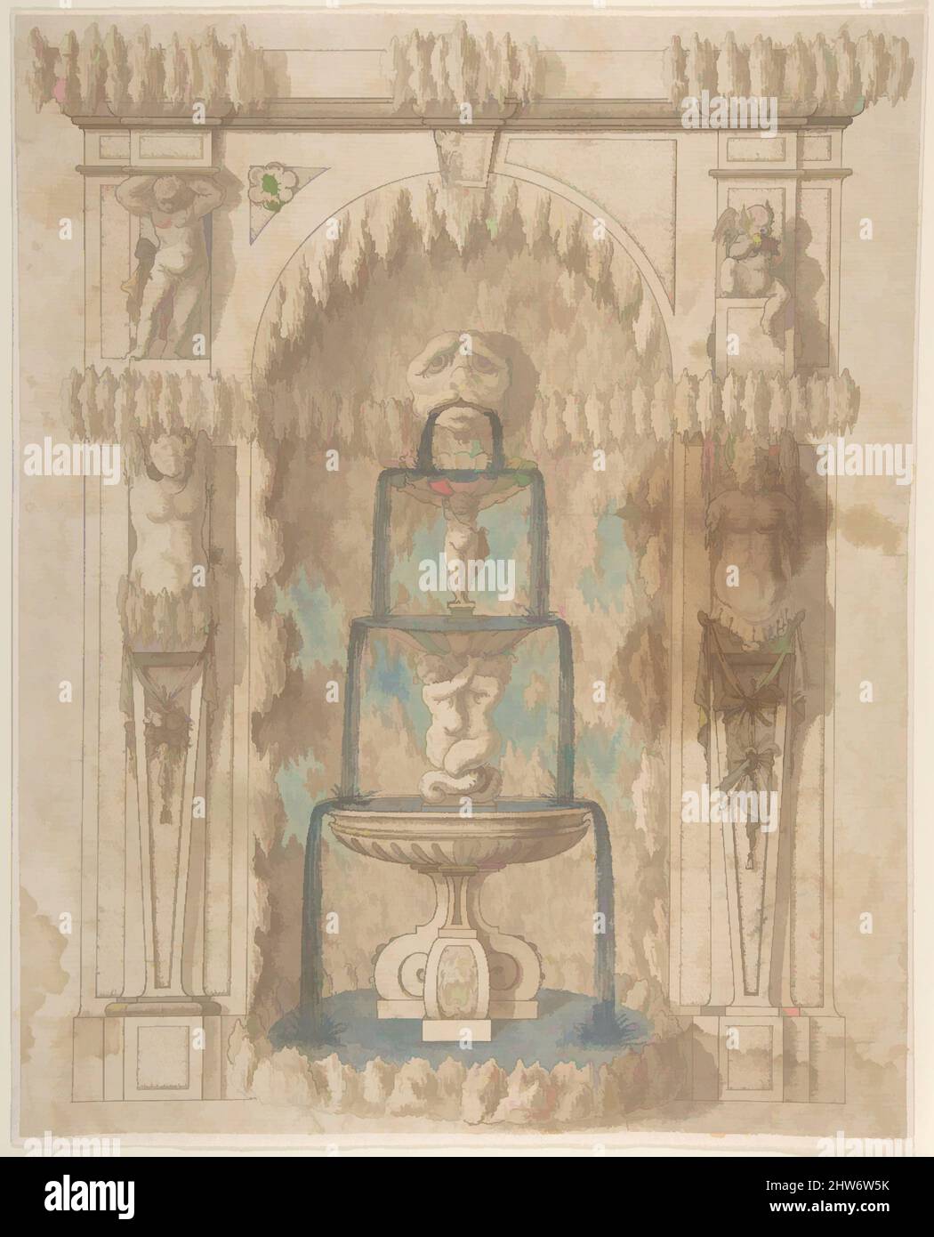 Art inspired by Design for a Grotto with a Fountain, 17th century, Pen and brown ink, brush and brown wash, brush and pale blue water color, brush and dark blue water color, sheet: 13 1/16 x 10 1/4 in. (33.1 x 26.1 cm), Drawings, Anonymous, Italian, 17th century, Classic works modernized by Artotop with a splash of modernity. Shapes, color and value, eye-catching visual impact on art. Emotions through freedom of artworks in a contemporary way. A timeless message pursuing a wildly creative new direction. Artists turning to the digital medium and creating the Artotop NFT Stock Photo