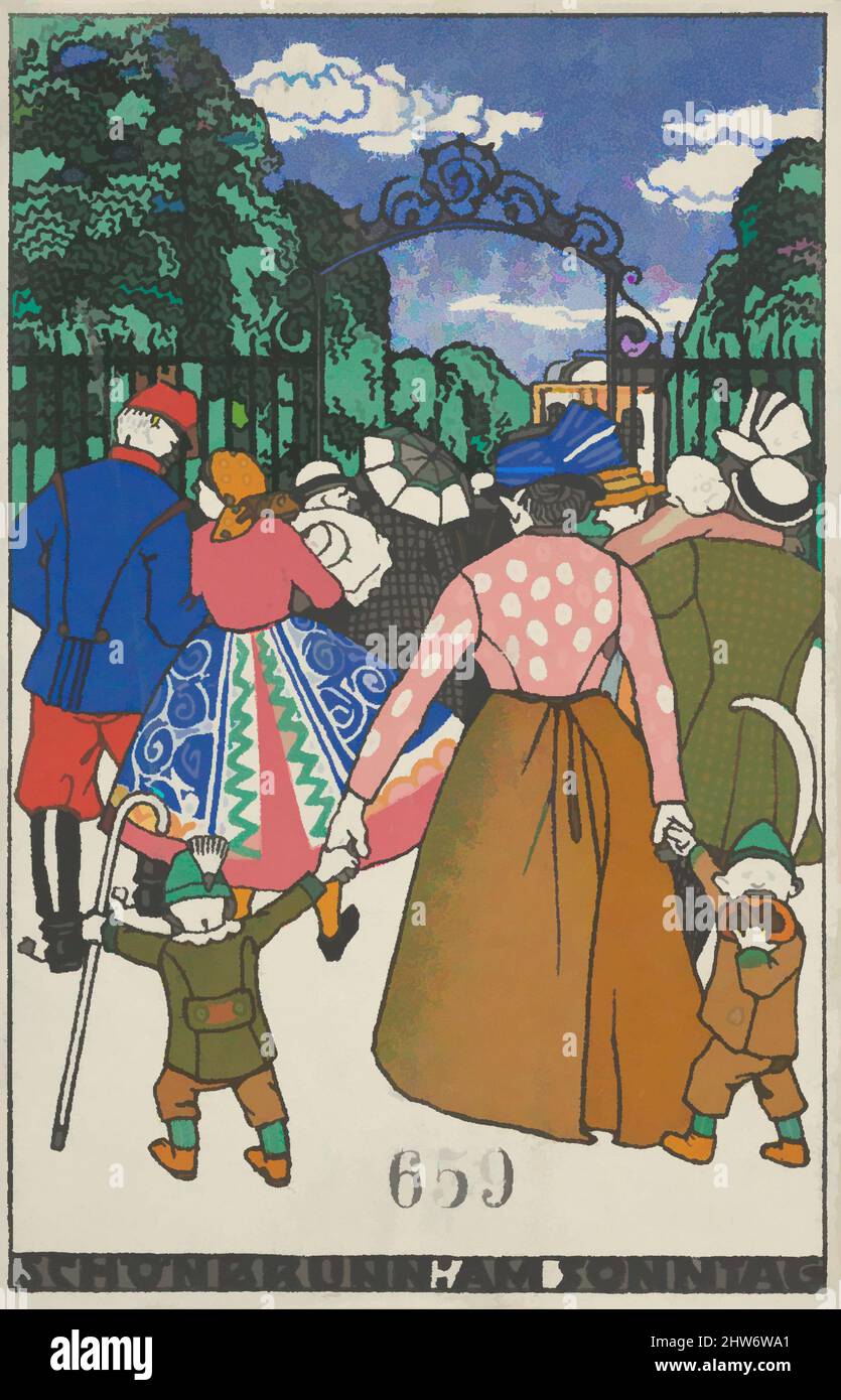Art inspired by Schönbrunn on Sunday (Schönbrunn: am Sonntag), 1912, Color lithograph, sheet: 5 1/2 x 3 9/16 in. (14 x 9 cm), Prints, Attributed to Moriz Jung (Austrian (born Czechoslovakia) Moravia 1885–1915 Manilowa (Carpathians, Classic works modernized by Artotop with a splash of modernity. Shapes, color and value, eye-catching visual impact on art. Emotions through freedom of artworks in a contemporary way. A timeless message pursuing a wildly creative new direction. Artists turning to the digital medium and creating the Artotop NFT Stock Photo