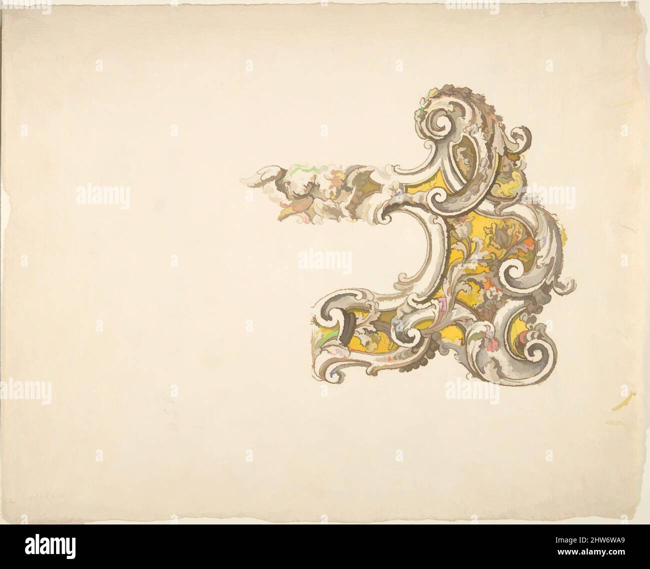 Art inspired by Half Rococo Cartouche with Cherubs, 18th century, Ink, gray wash, and yellow, 5-3/4 x 6-1/4 in, Anonymous, Italian, 18th century, Classic works modernized by Artotop with a splash of modernity. Shapes, color and value, eye-catching visual impact on art. Emotions through freedom of artworks in a contemporary way. A timeless message pursuing a wildly creative new direction. Artists turning to the digital medium and creating the Artotop NFT Stock Photo