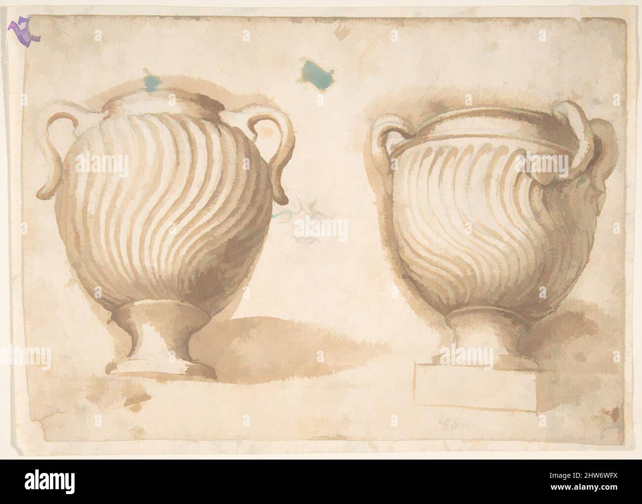 Art inspired by Two Antique Vases with Strigil Decorations, 18th century, Pen and brown ink, brush and brown wash, over black chalk, 4-7/8 x 6-3/4 in, Anonymous, Italian, 18th century, Classic works modernized by Artotop with a splash of modernity. Shapes, color and value, eye-catching visual impact on art. Emotions through freedom of artworks in a contemporary way. A timeless message pursuing a wildly creative new direction. Artists turning to the digital medium and creating the Artotop NFT Stock Photo