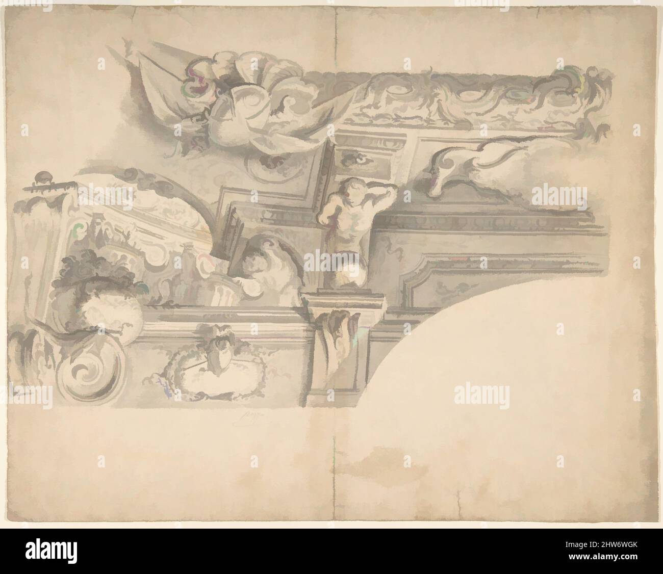 Art inspired by Design for the Decoration of a Cornice, 18th century, Ink and gray wash, 11-5/8 x 19-1/4 in, Anonymous, Italian, 18th century, Classic works modernized by Artotop with a splash of modernity. Shapes, color and value, eye-catching visual impact on art. Emotions through freedom of artworks in a contemporary way. A timeless message pursuing a wildly creative new direction. Artists turning to the digital medium and creating the Artotop NFT Stock Photo
