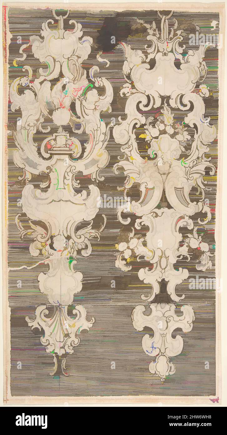 Art inspired by Two Designs for Wall Decorations on a Hatched Ground, 18th century, Pen and maroon and dark brown ink over chalk, 11-1/8 x 6 in, Anonymous, Italian, 18th century, Classic works modernized by Artotop with a splash of modernity. Shapes, color and value, eye-catching visual impact on art. Emotions through freedom of artworks in a contemporary way. A timeless message pursuing a wildly creative new direction. Artists turning to the digital medium and creating the Artotop NFT Stock Photo