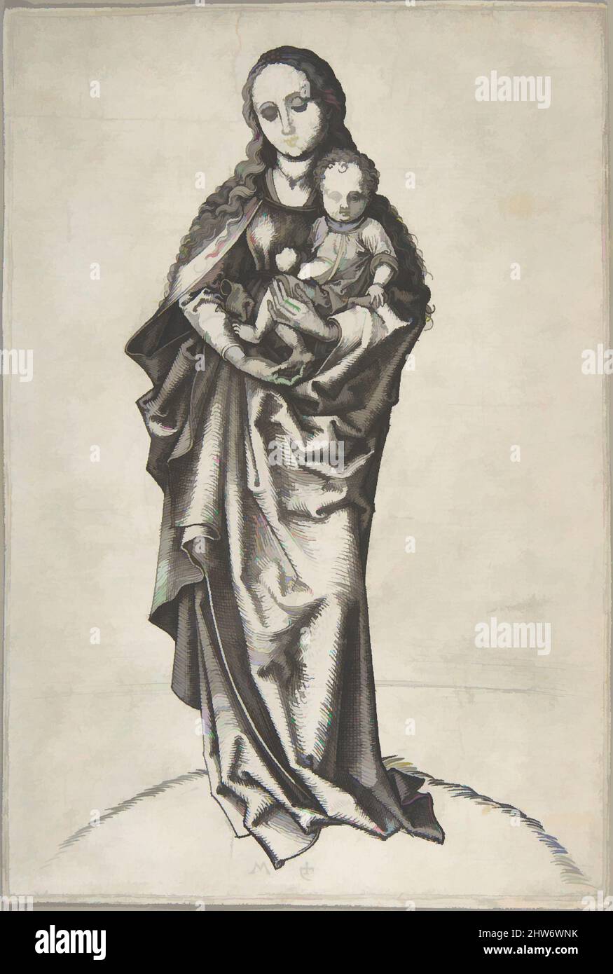 Art inspired by Virgin and Child with an Apple, ca. 1475, Engraving, Sheet: 6 13/16 x 4 5/8 in. (17.3 x 11.7 cm), Prints, Martin Schongauer (German, Colmar ca. 1435/50–1491 Breisach, Classic works modernized by Artotop with a splash of modernity. Shapes, color and value, eye-catching visual impact on art. Emotions through freedom of artworks in a contemporary way. A timeless message pursuing a wildly creative new direction. Artists turning to the digital medium and creating the Artotop NFT Stock Photo