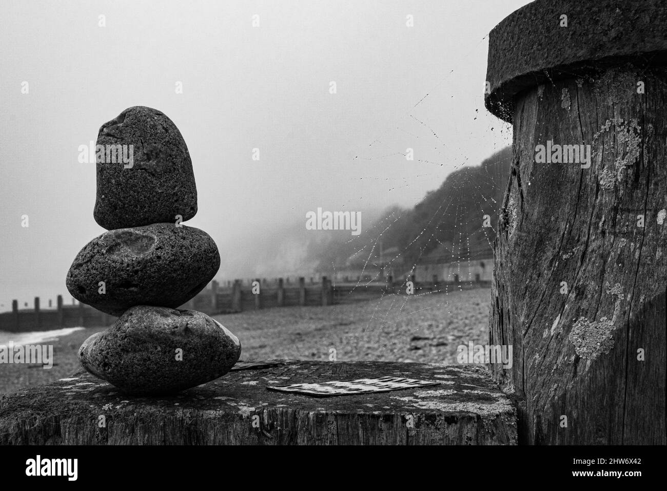 Beautiful shot of the beach on a misty day in Eastbourne, UK Stock Photo