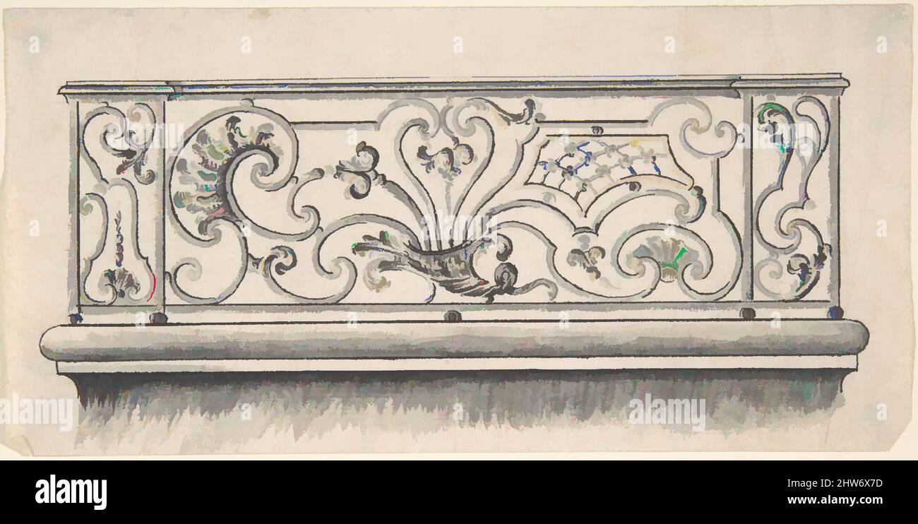 Art inspired by Design for iron work balcony, with alternate, 18th century, sheet: 3 5/8 x 7 5/16 in. (9.2 x 18.5 cm), Drawings, Classic works modernized by Artotop with a splash of modernity. Shapes, color and value, eye-catching visual impact on art. Emotions through freedom of artworks in a contemporary way. A timeless message pursuing a wildly creative new direction. Artists turning to the digital medium and creating the Artotop NFT Stock Photo