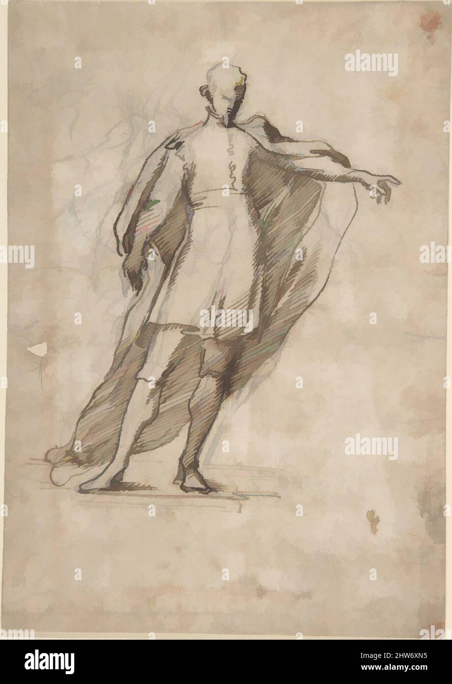 Art inspired by Sketch of a Standing Male Figure Wearing a Cape, 1800–1900, Black chalk and pen and sepia, 8-1/4 x 5-3/4 in, Drawings, Anonymous, Italian, early 19th century, Classic works modernized by Artotop with a splash of modernity. Shapes, color and value, eye-catching visual impact on art. Emotions through freedom of artworks in a contemporary way. A timeless message pursuing a wildly creative new direction. Artists turning to the digital medium and creating the Artotop NFT Stock Photo