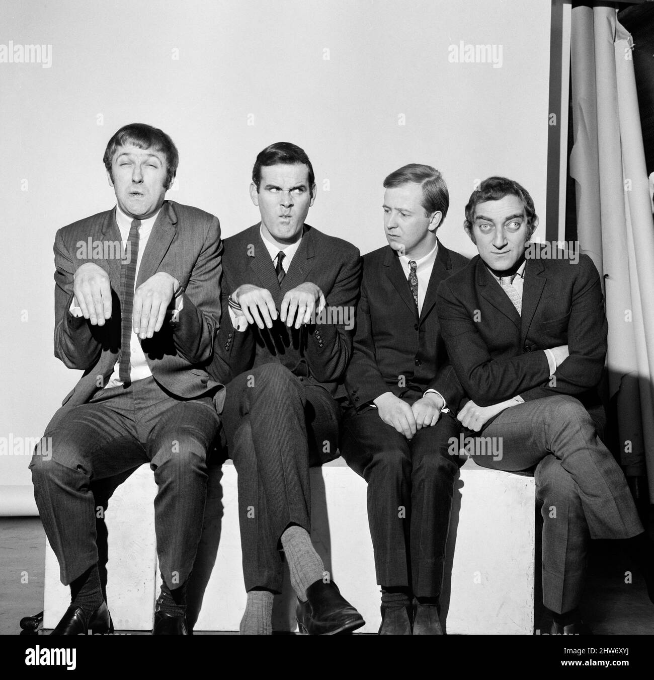 Comedians Graham Chapman, John Cleese, Tim Brook-Taylor and Marty Feldman  who star in the television comedy series 'At Last the 1948 Show'. 9th February 1967. Stock Photo