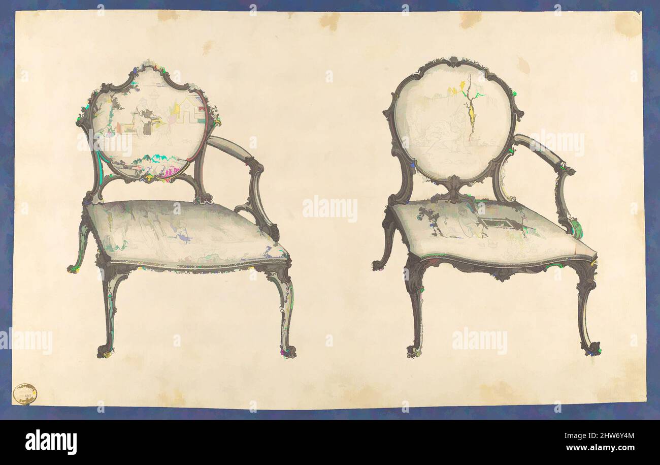 Art inspired by Two French Chairs, in Chippendale Drawings, Vol. I, ca. 1753–54, Black ink and gray wash, sheet: 8 1/4 x 13 3/16 in. (21 x 33.5 cm), Thomas Chippendale (British, baptised Otley, West Yorkshire 1718–1779 London, Classic works modernized by Artotop with a splash of modernity. Shapes, color and value, eye-catching visual impact on art. Emotions through freedom of artworks in a contemporary way. A timeless message pursuing a wildly creative new direction. Artists turning to the digital medium and creating the Artotop NFT Stock Photo