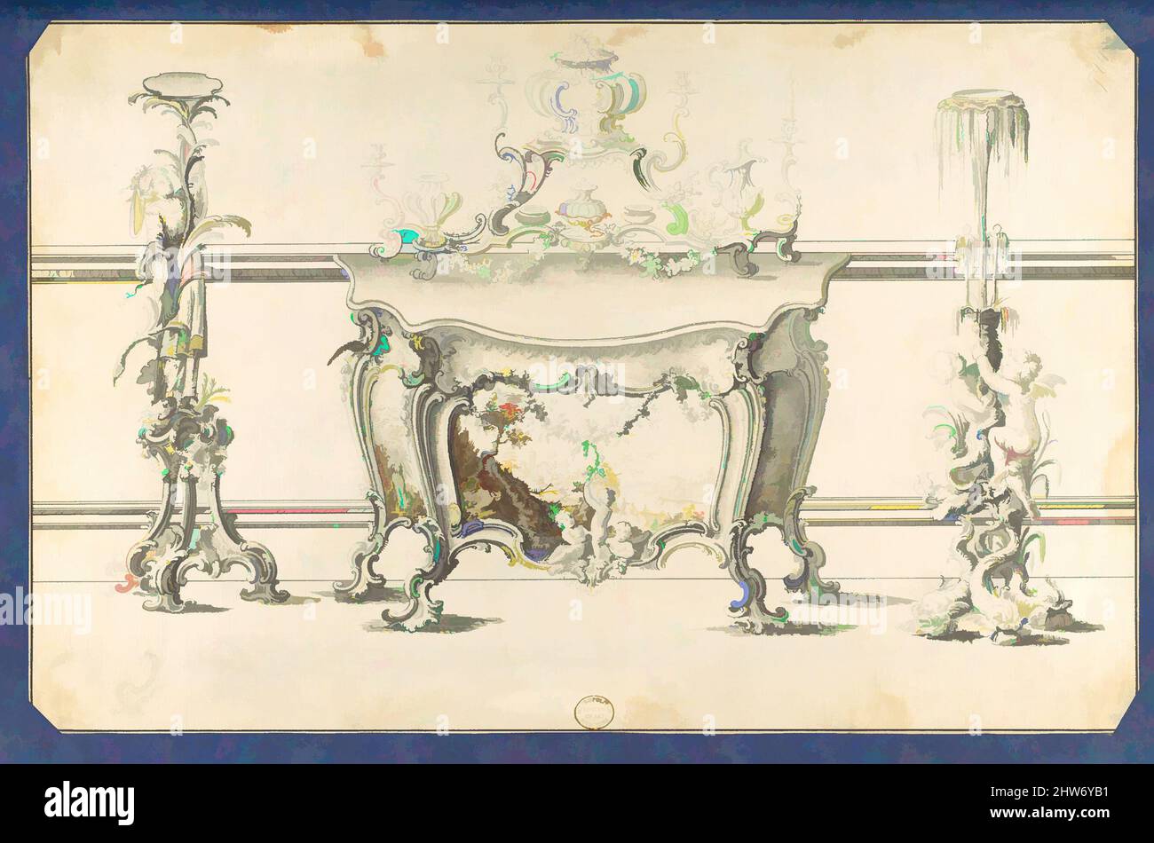 Art inspired by Commode Table and Candlestands, in Chippendale Drawings, Vol. I, ca. 1753–54, Black ink, gray ink, gray and brown washes, sheet: 8 x 14 in. (20.3 x 35.5 cm), Thomas Chippendale (British, baptised Otley, West Yorkshire 1718–1779 London, Classic works modernized by Artotop with a splash of modernity. Shapes, color and value, eye-catching visual impact on art. Emotions through freedom of artworks in a contemporary way. A timeless message pursuing a wildly creative new direction. Artists turning to the digital medium and creating the Artotop NFT Stock Photo