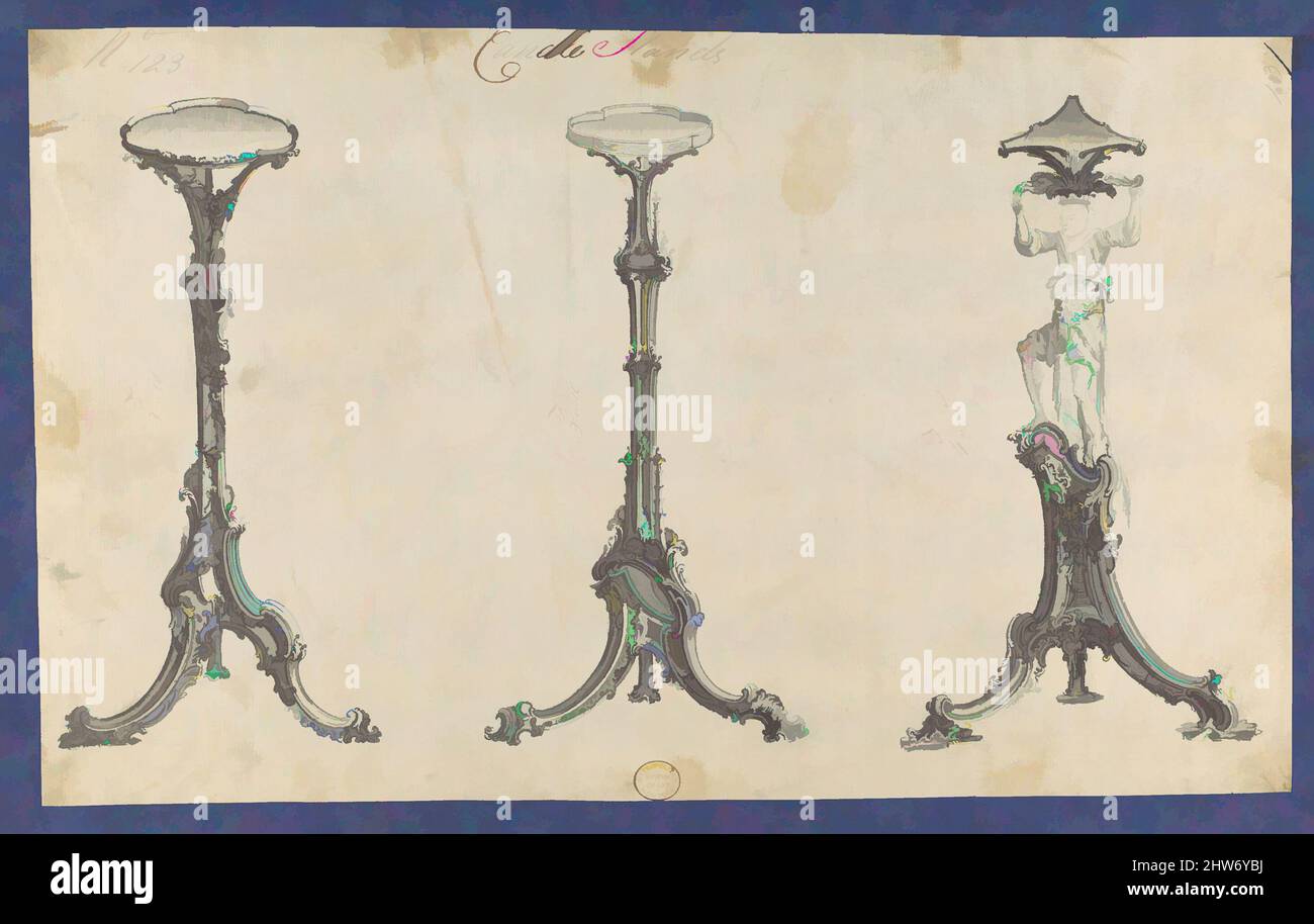 Art inspired by Candle Stands, in Chippendale Drawings, Vol. I, ca. 1753–54, Black ink, gray wash, sheet: 8 1/4 x 13 1/2 in. (21 x 34.2 cm), Thomas Chippendale (British, baptised Otley, West Yorkshire 1718–1779 London, Classic works modernized by Artotop with a splash of modernity. Shapes, color and value, eye-catching visual impact on art. Emotions through freedom of artworks in a contemporary way. A timeless message pursuing a wildly creative new direction. Artists turning to the digital medium and creating the Artotop NFT Stock Photo