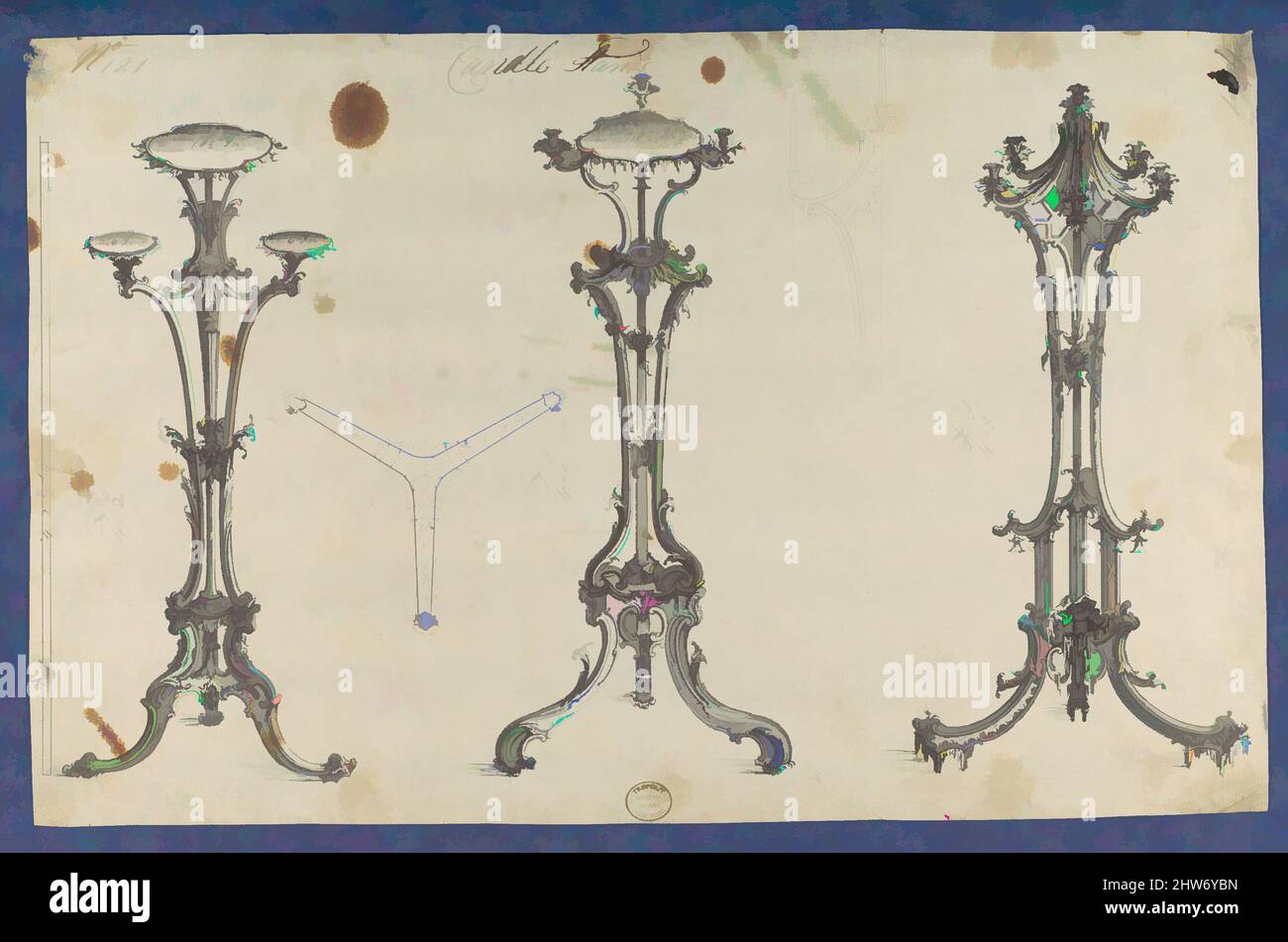 Art inspired by Candle Stands, in Chippendale Drawings, Vol. I, ca. 1753–54, Black ink, gray wash, sheet: 8 9/16 x 13 3/8 in. (21.7 x 34 cm), Thomas Chippendale (British, baptised Otley, West Yorkshire 1718–1779 London, Classic works modernized by Artotop with a splash of modernity. Shapes, color and value, eye-catching visual impact on art. Emotions through freedom of artworks in a contemporary way. A timeless message pursuing a wildly creative new direction. Artists turning to the digital medium and creating the Artotop NFT Stock Photo