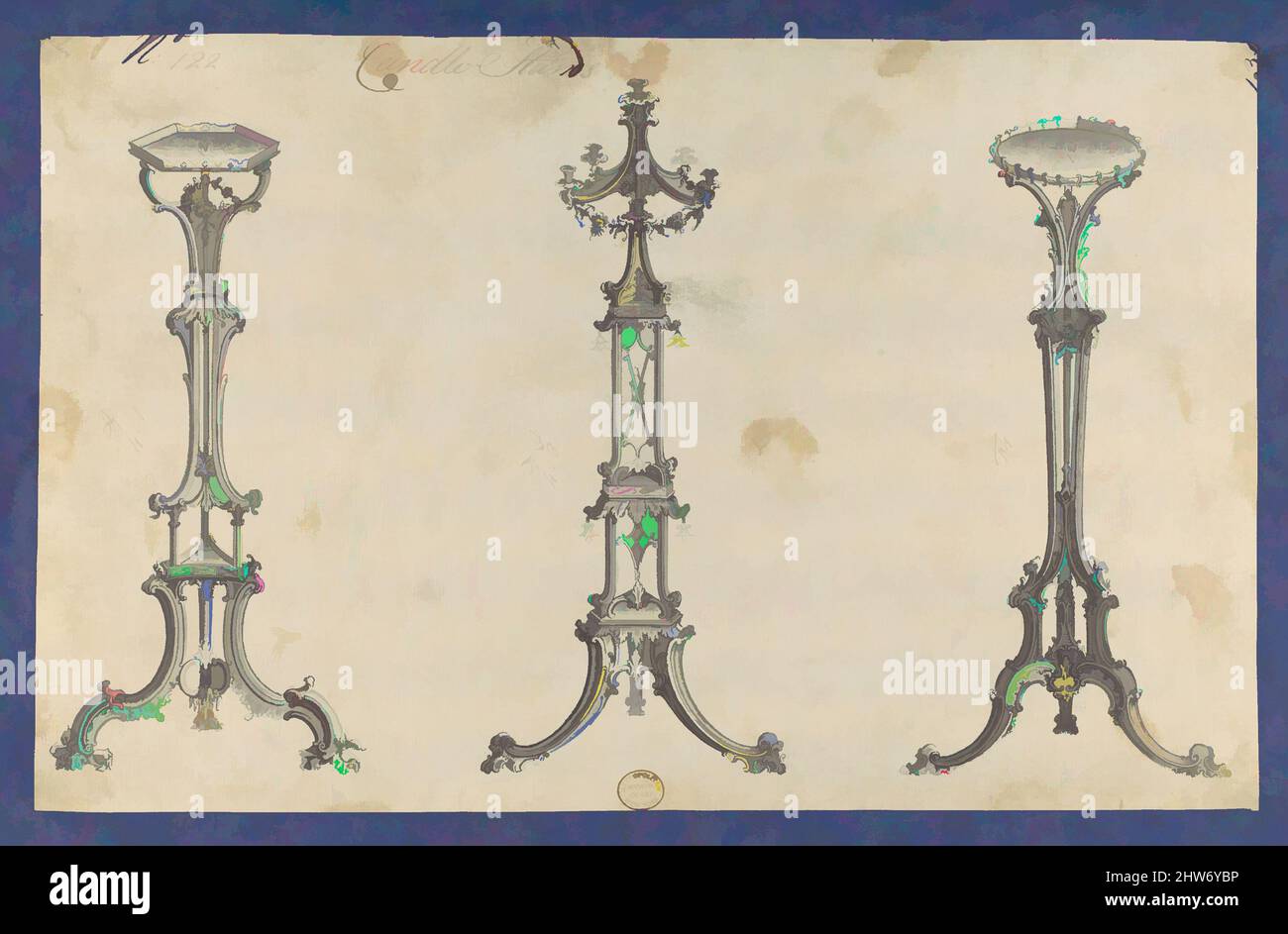 Art inspired by Candle Stands, in Chippendale Drawings, Vol. I, ca. 1753–54, Black ink, gray wash, sheet: 8 1/4 x 13 in. (21 x 33.1 cm), Thomas Chippendale (British, baptised Otley, West Yorkshire 1718–1779 London, Classic works modernized by Artotop with a splash of modernity. Shapes, color and value, eye-catching visual impact on art. Emotions through freedom of artworks in a contemporary way. A timeless message pursuing a wildly creative new direction. Artists turning to the digital medium and creating the Artotop NFT Stock Photo