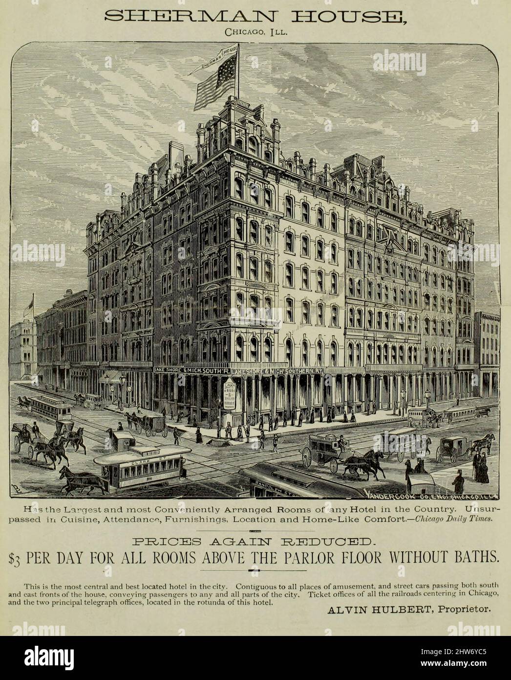 Sherman House Hotel Chicago, III from the book Crofutt's new overland tourist and Pacific coast guide : containing description cities, towns, villages, stations, government fort and camps, mountains, lakes, rivers, sulphur, soda and hot springs, scenery, watering places, and summer resorts : where to look for and hunt the buffalo, antelope, deer and other game; trout fishing, through Nebraska, Wyoming, Colorado, Utah, Montana, Idaho, Nevada, California and Arizona by George A Crofutt, Published in Chicago, Ill., by The Overland Pub. Co in 1879 Stock Photo