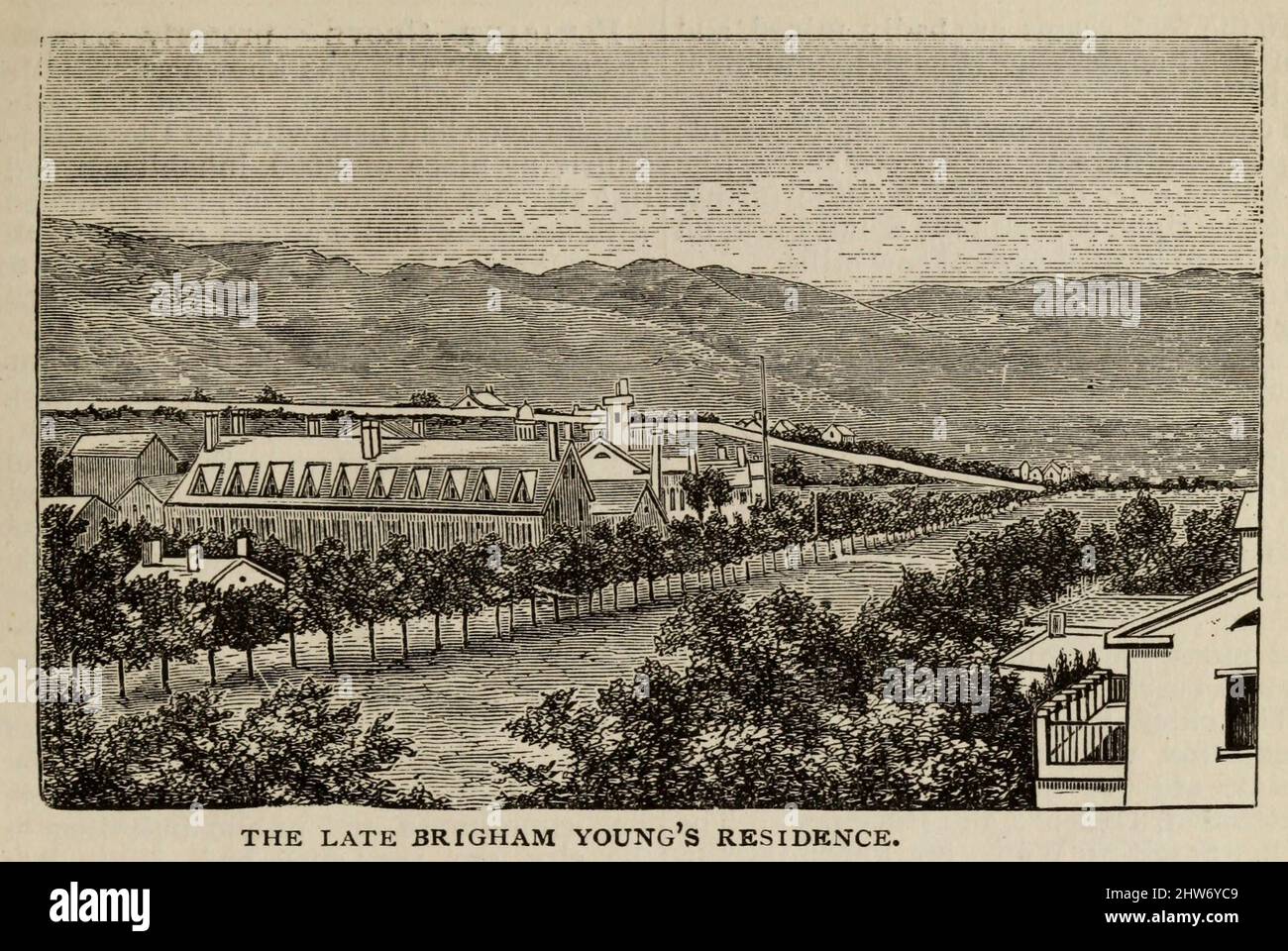 THE LATE BRIGHAM YOUNG'S RESIDENCE from the book Crofutt's new overland tourist and Pacific coast guide : containing description cities, towns, villages, stations, government fort and camps, mountains, lakes, rivers, sulphur, soda and hot springs, scenery, watering places, and summer resorts : where to look for and hunt the buffalo, antelope, deer and other game; trout fishing, through Nebraska, Wyoming, Colorado, Utah, Montana, Idaho, Nevada, California and Arizona by George A Crofutt, Published in Chicago, Ill., by The Overland Pub. Co in 1879 Stock Photo