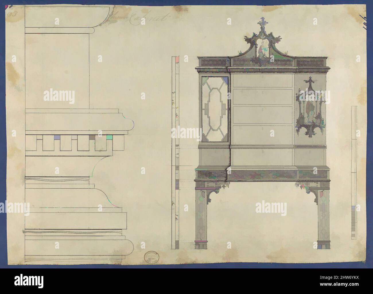 Art inspired by Chinese Cabinet, from Chippendale Drawings, Vol. II, ca. 1753–54, Black ink, gray wash, sheet: 8 7/16 x 12 in. (21.4 x 30.4 cm), Thomas Chippendale (British, baptised Otley, West Yorkshire 1718–1779 London, Classic works modernized by Artotop with a splash of modernity. Shapes, color and value, eye-catching visual impact on art. Emotions through freedom of artworks in a contemporary way. A timeless message pursuing a wildly creative new direction. Artists turning to the digital medium and creating the Artotop NFT Stock Photo